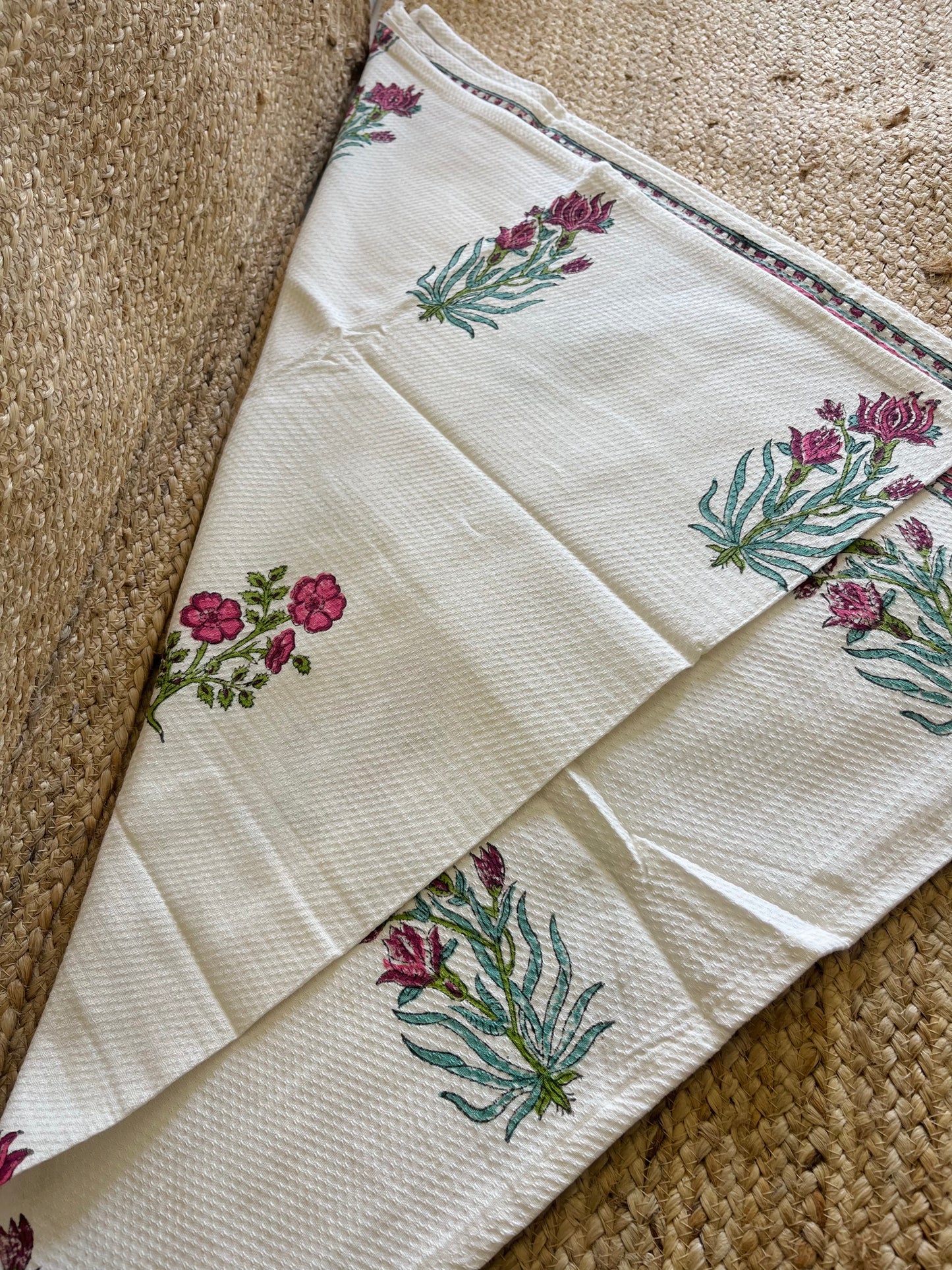 Pink Floral Handblock Waffle Cotton Towel Set