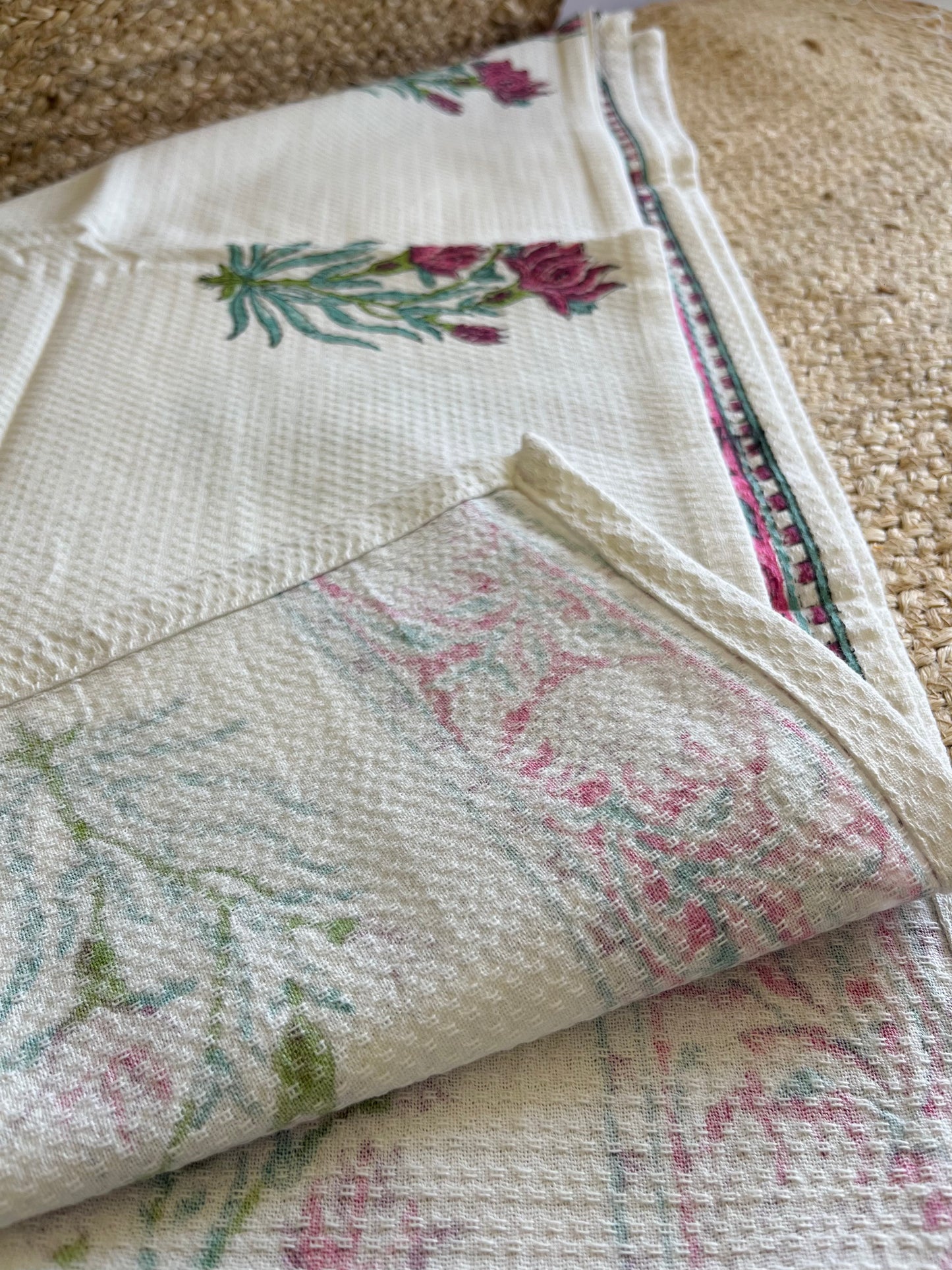 Pink Floral Handblock Waffle Cotton Towel Set