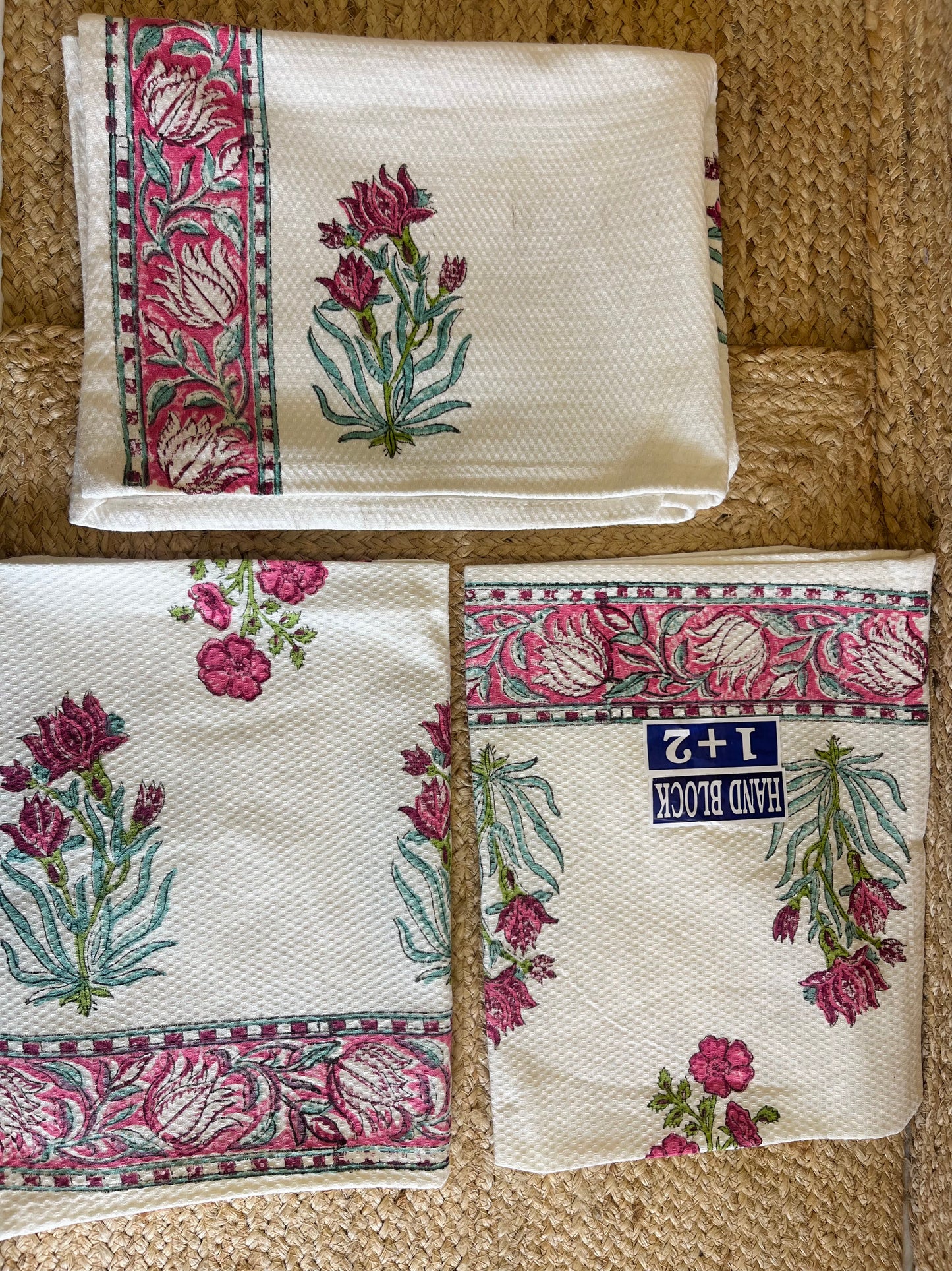 Pink Floral Handblock Waffle Cotton Towel Set