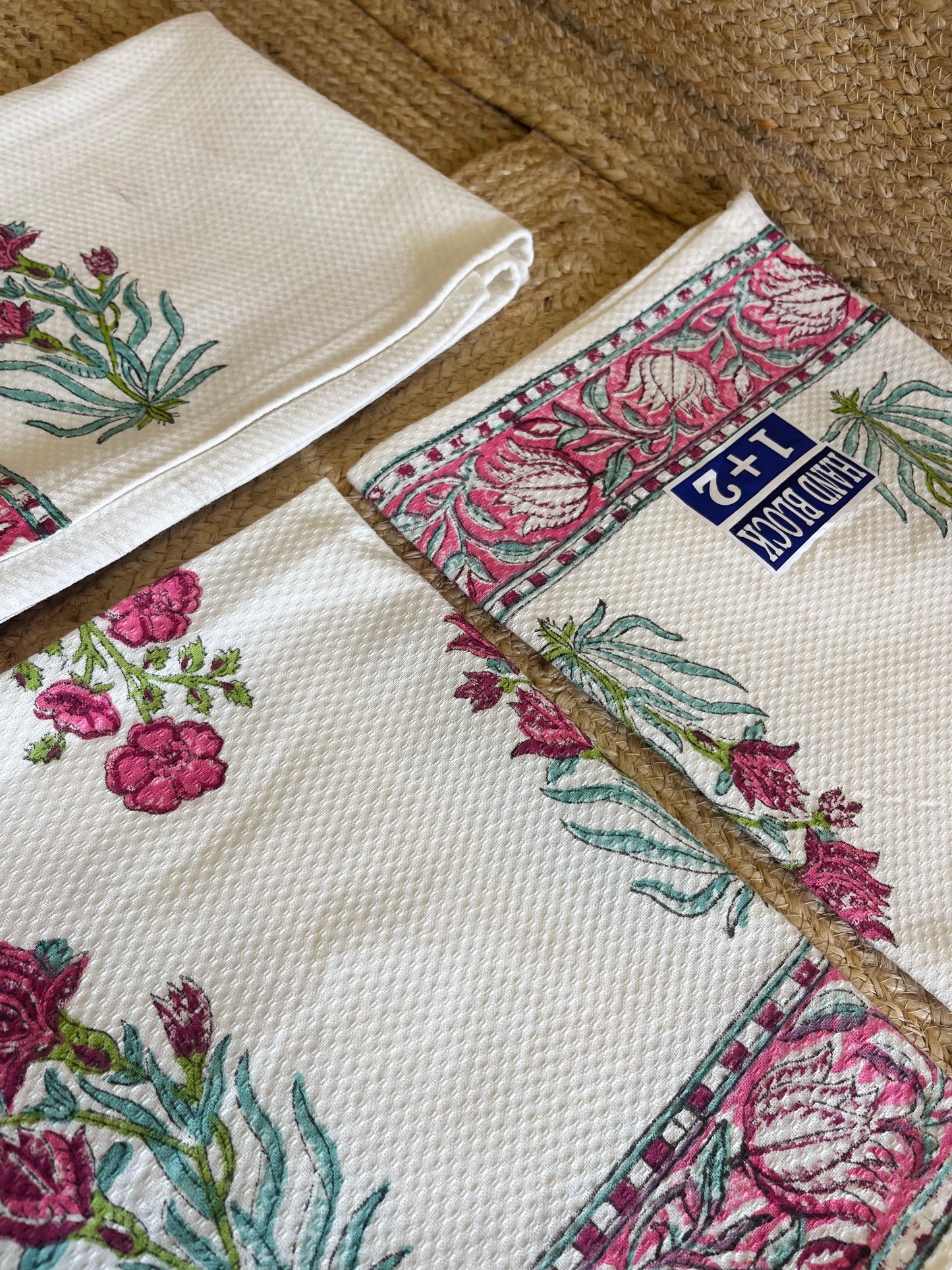 Pink Floral Handblock Waffle Cotton Towel Set