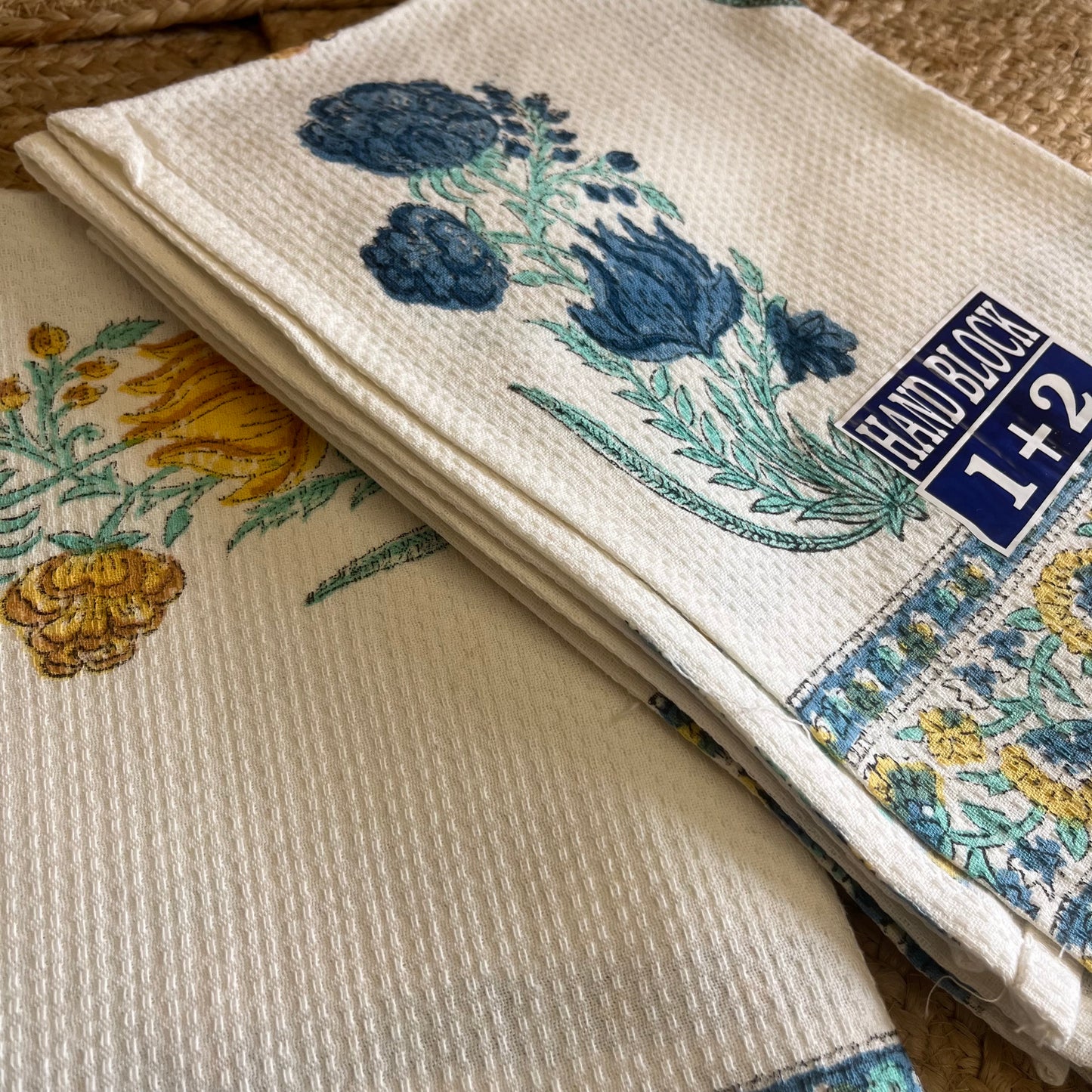 Mustard Yellow and Blue Plant Handblock Waffle Cotton Towel Set