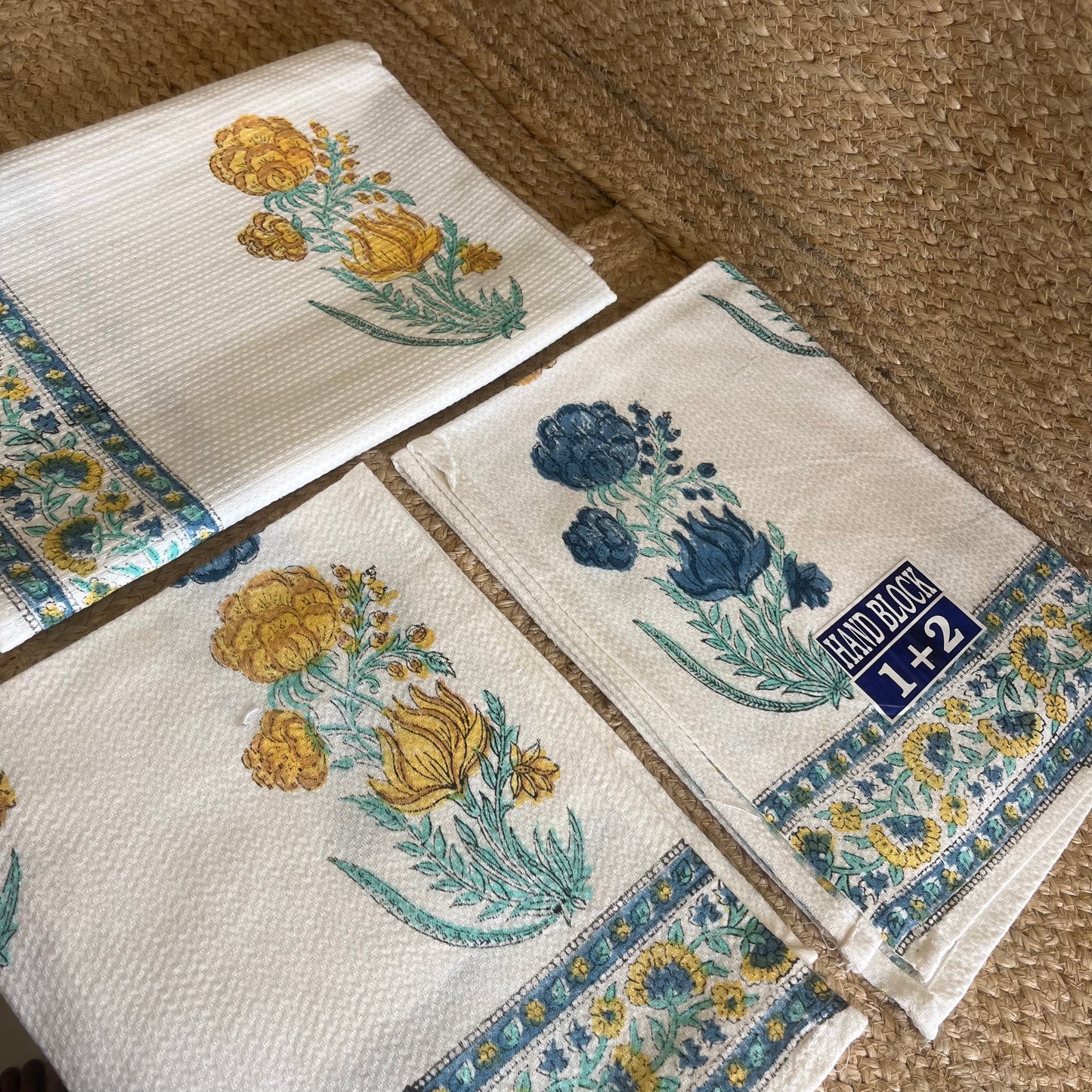 Mustard Yellow and Blue Plant Handblock Waffle Cotton Towel Set