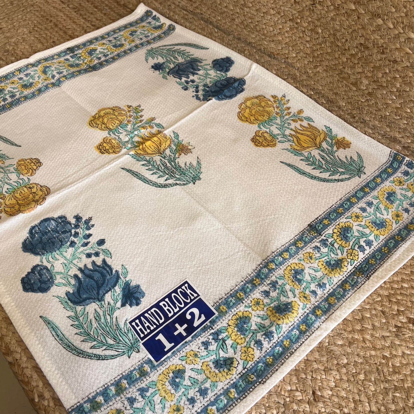 Mustard Yellow and Blue Plant Handblock Waffle Cotton Towel Set