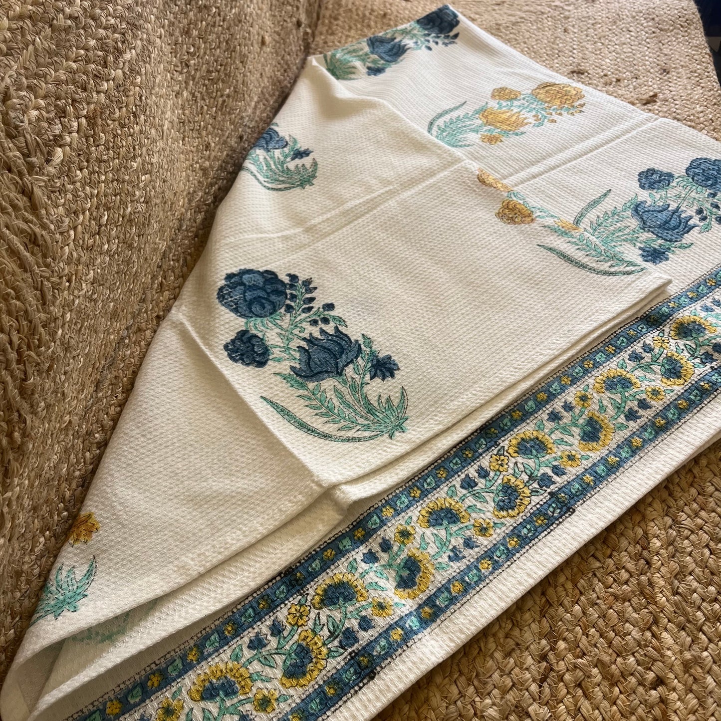 Mustard Yellow and Blue Plant Handblock Waffle Cotton Towel Set