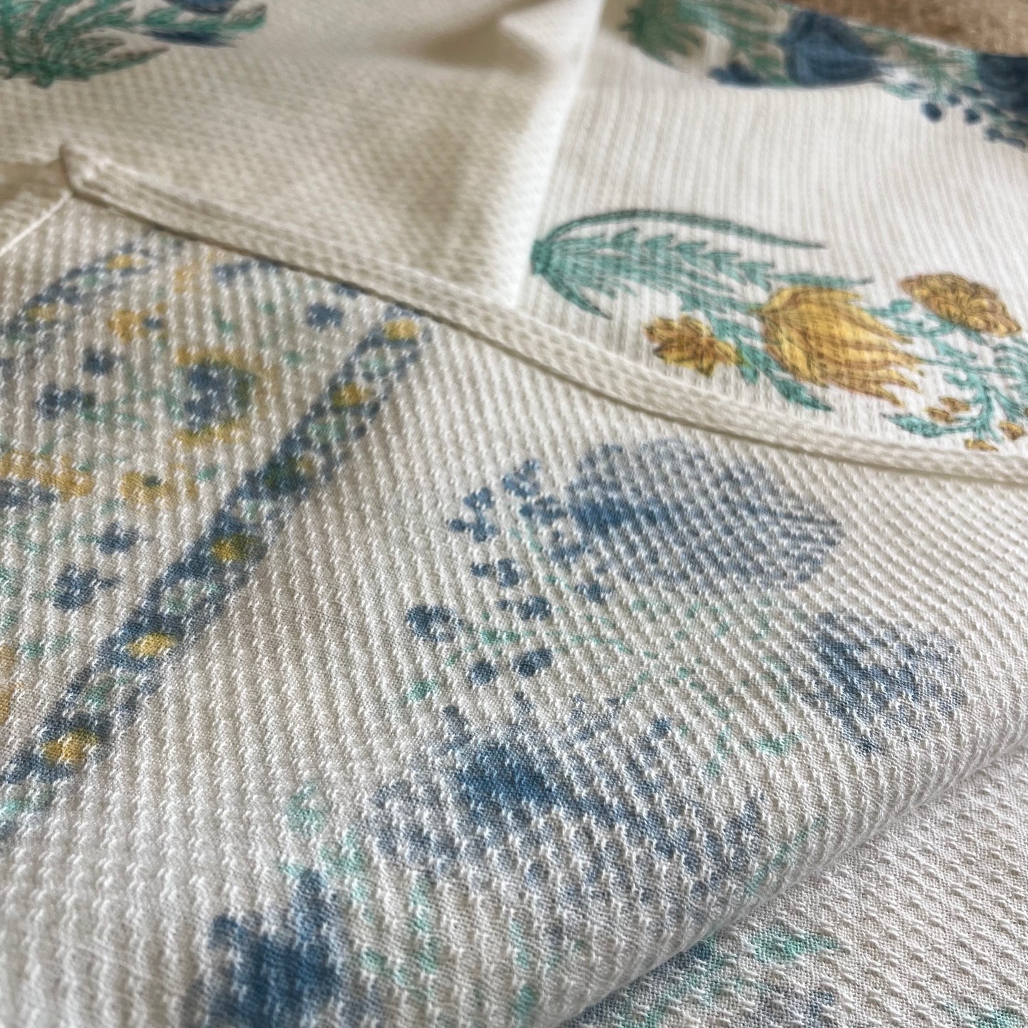 Mustard Yellow and Blue Plant Handblock Waffle Cotton Towel Set