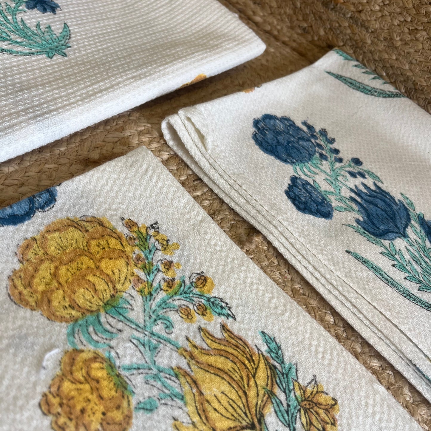 Mustard Yellow and Blue Plant Handblock Waffle Cotton Towel Set