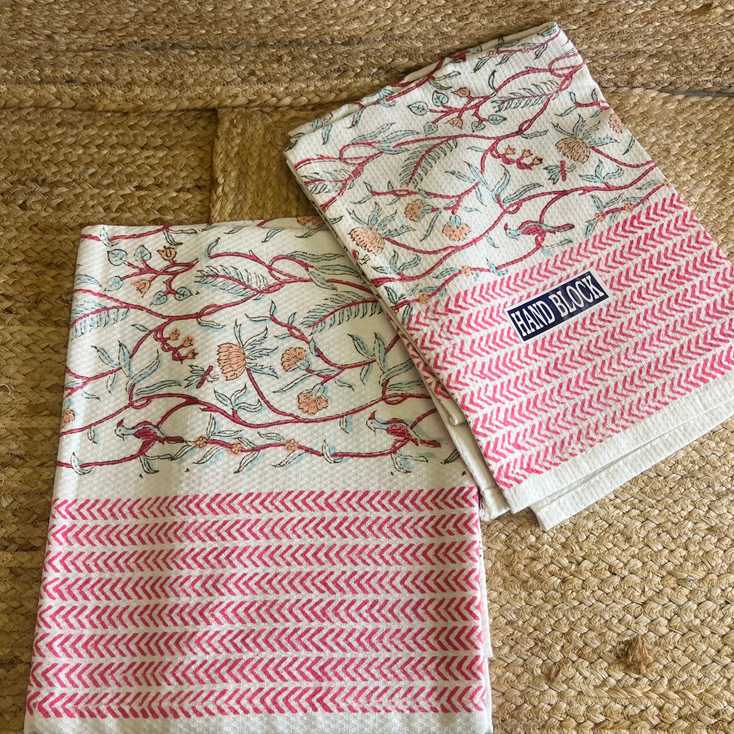 Pink Paradise Handblock Waffle Cotton Towel Set