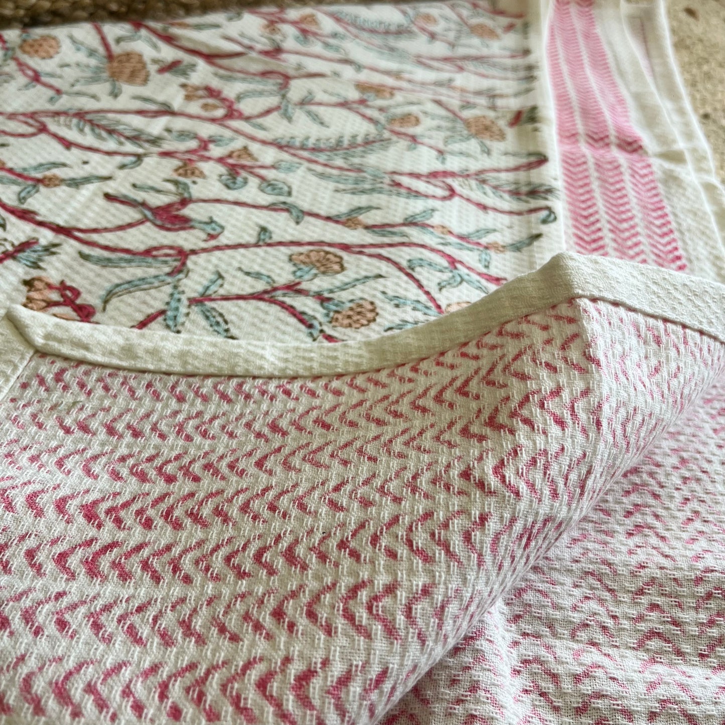 Pink Paradise Handblock Waffle Cotton Towel Set