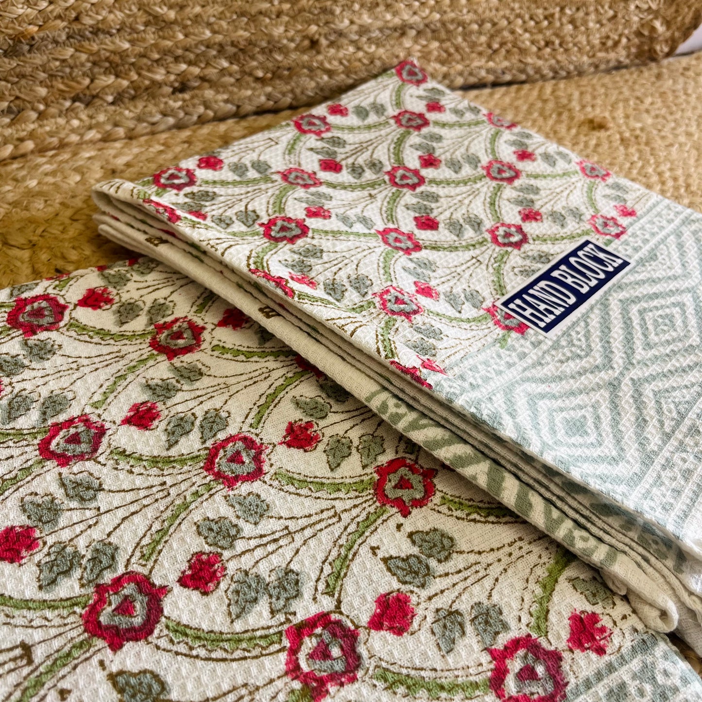 Red Floral Handblock Waffle Cotton Towel Set