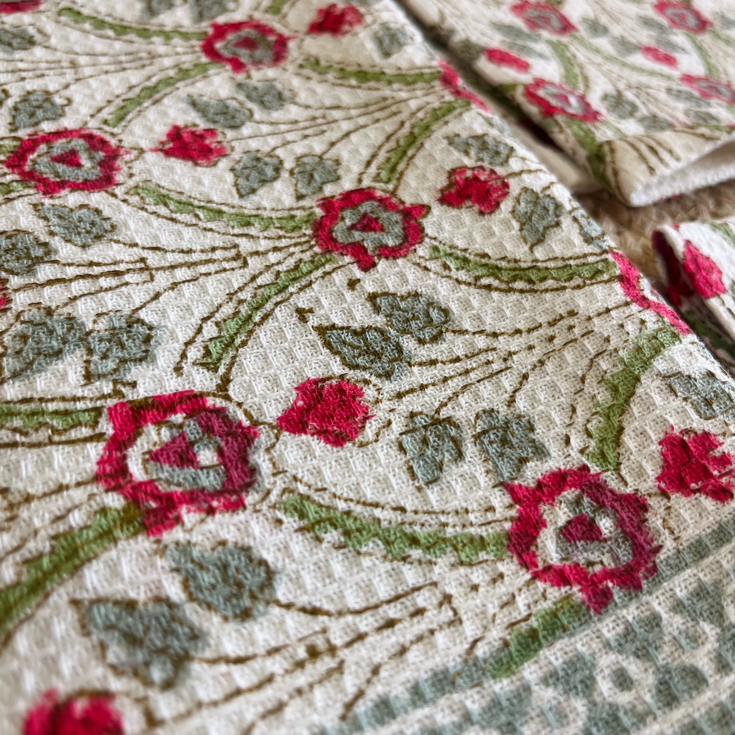 Red Floral Handblock Waffle Cotton Towel Set