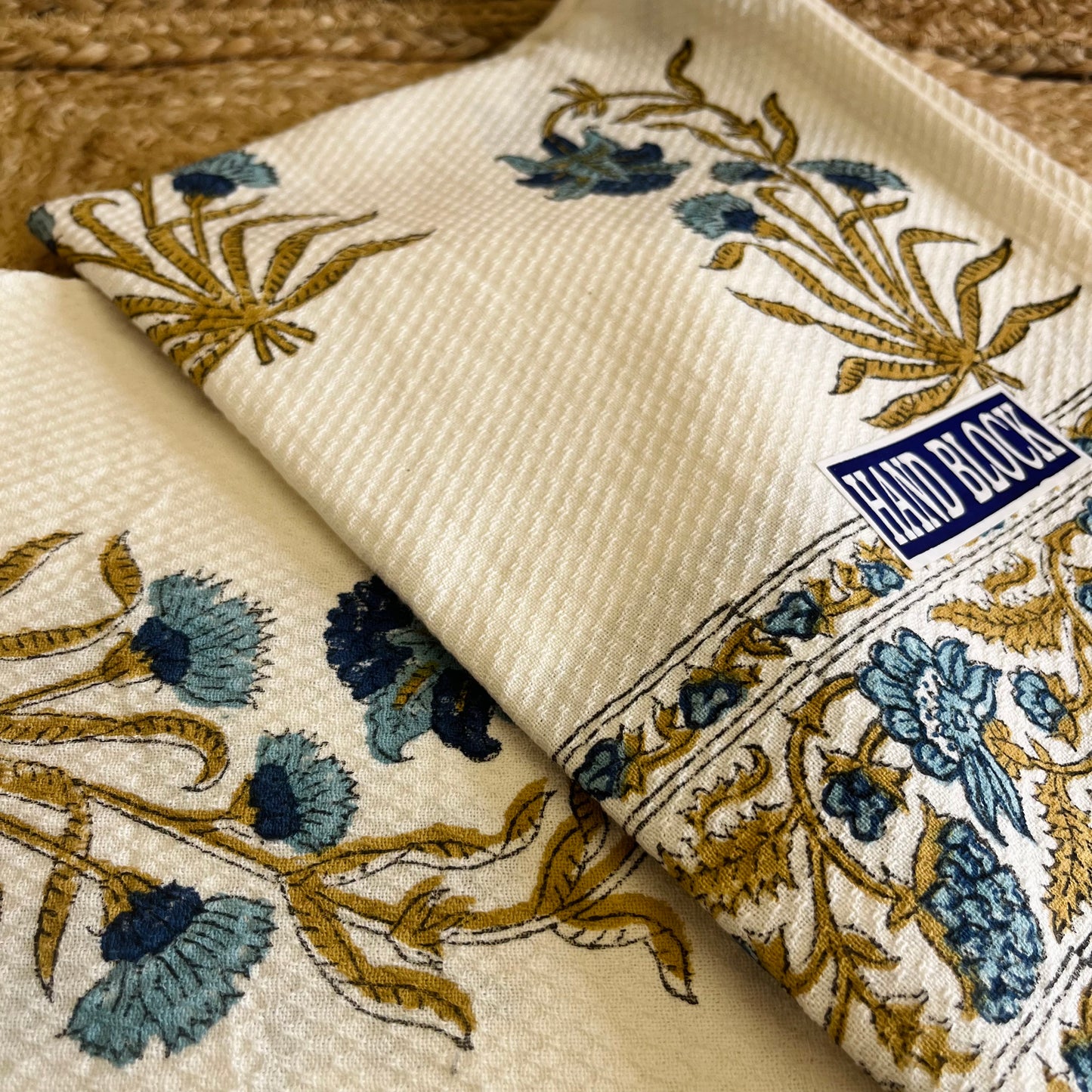 Dark Blue Abstract Plant Handblock Waffle Cotton Towel Set