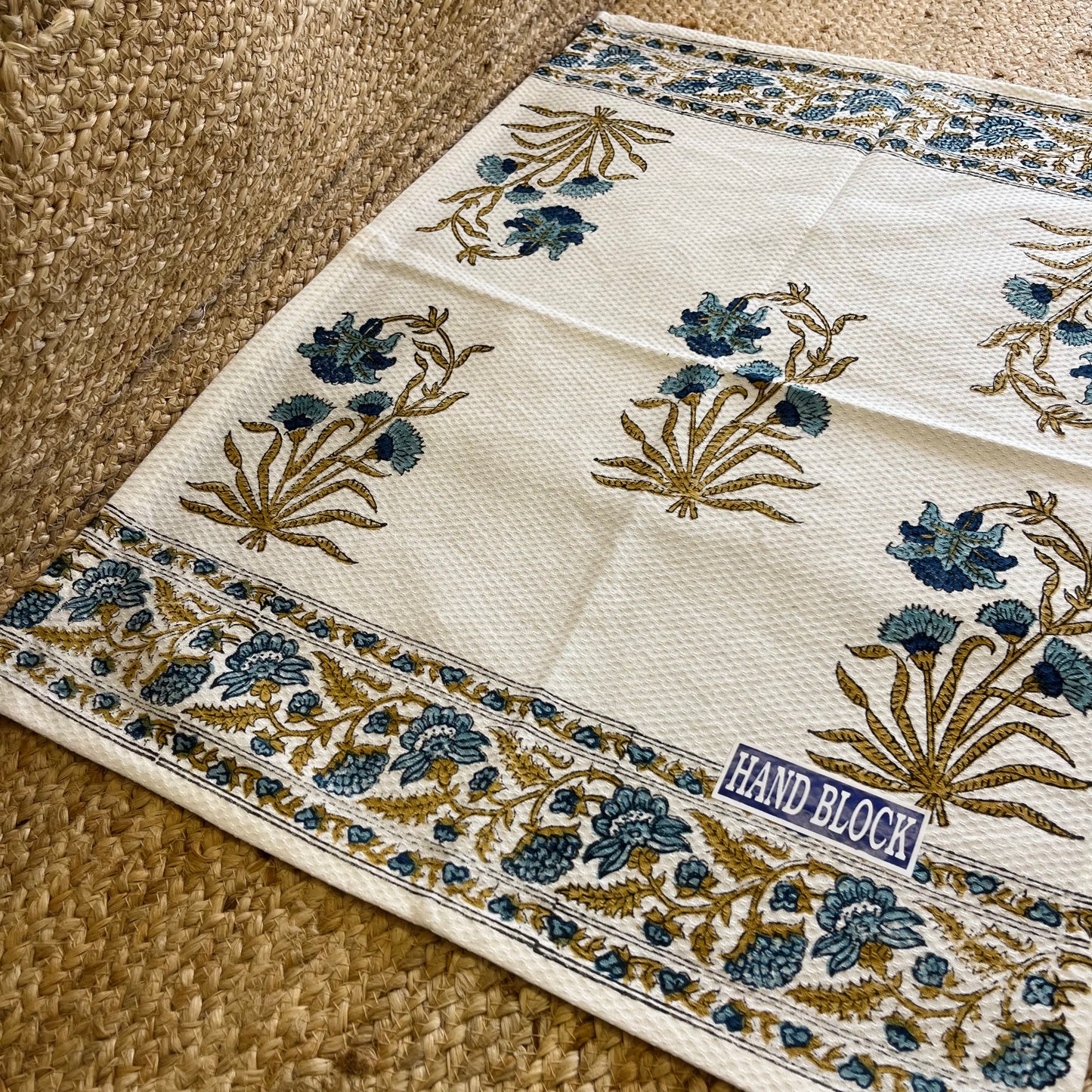 Dark Blue Abstract Plant Handblock Waffle Cotton Towel Set