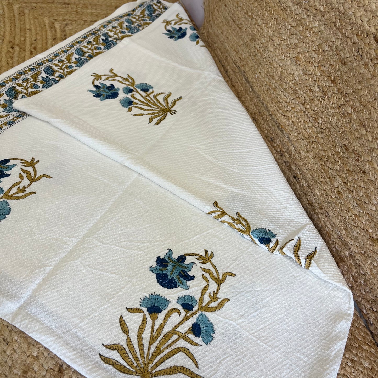 Dark Blue Abstract Plant Handblock Waffle Cotton Towel Set