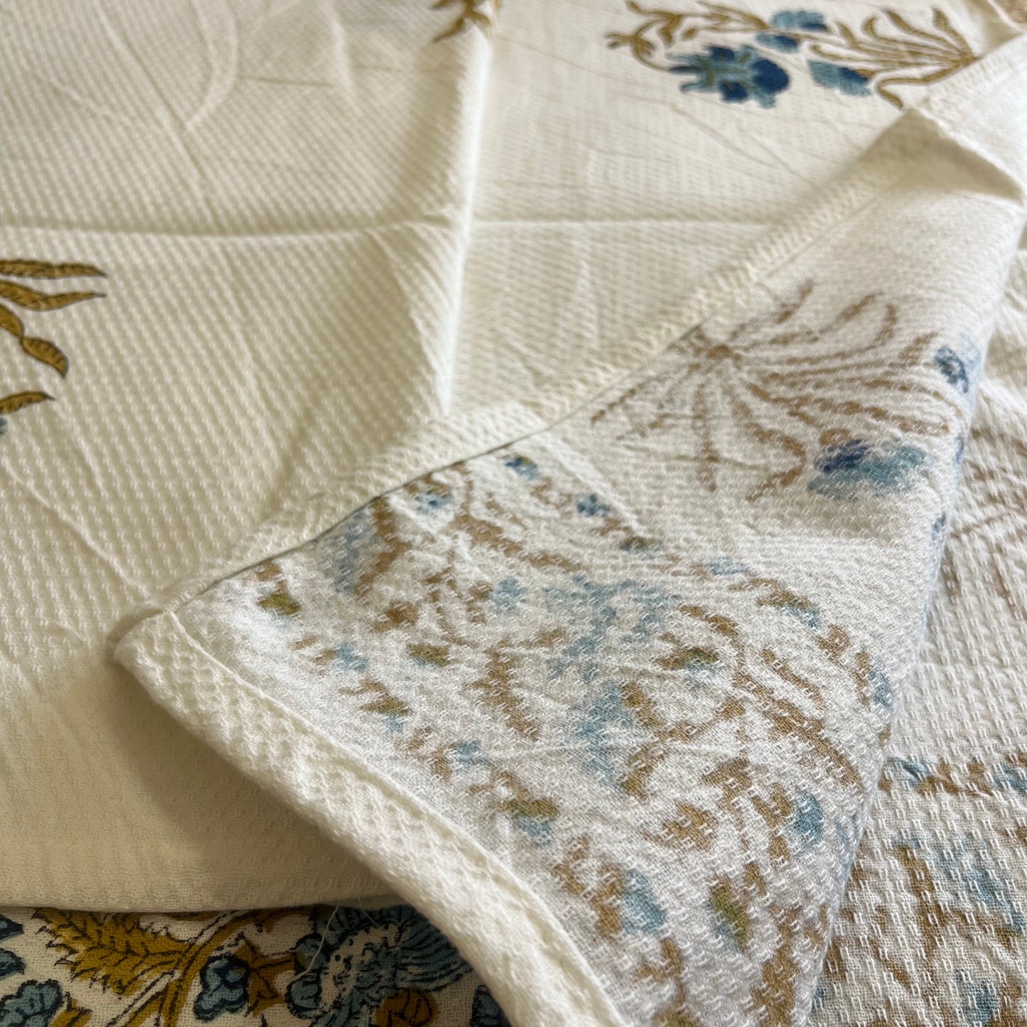 Dark Blue Abstract Plant Handblock Waffle Cotton Towel Set