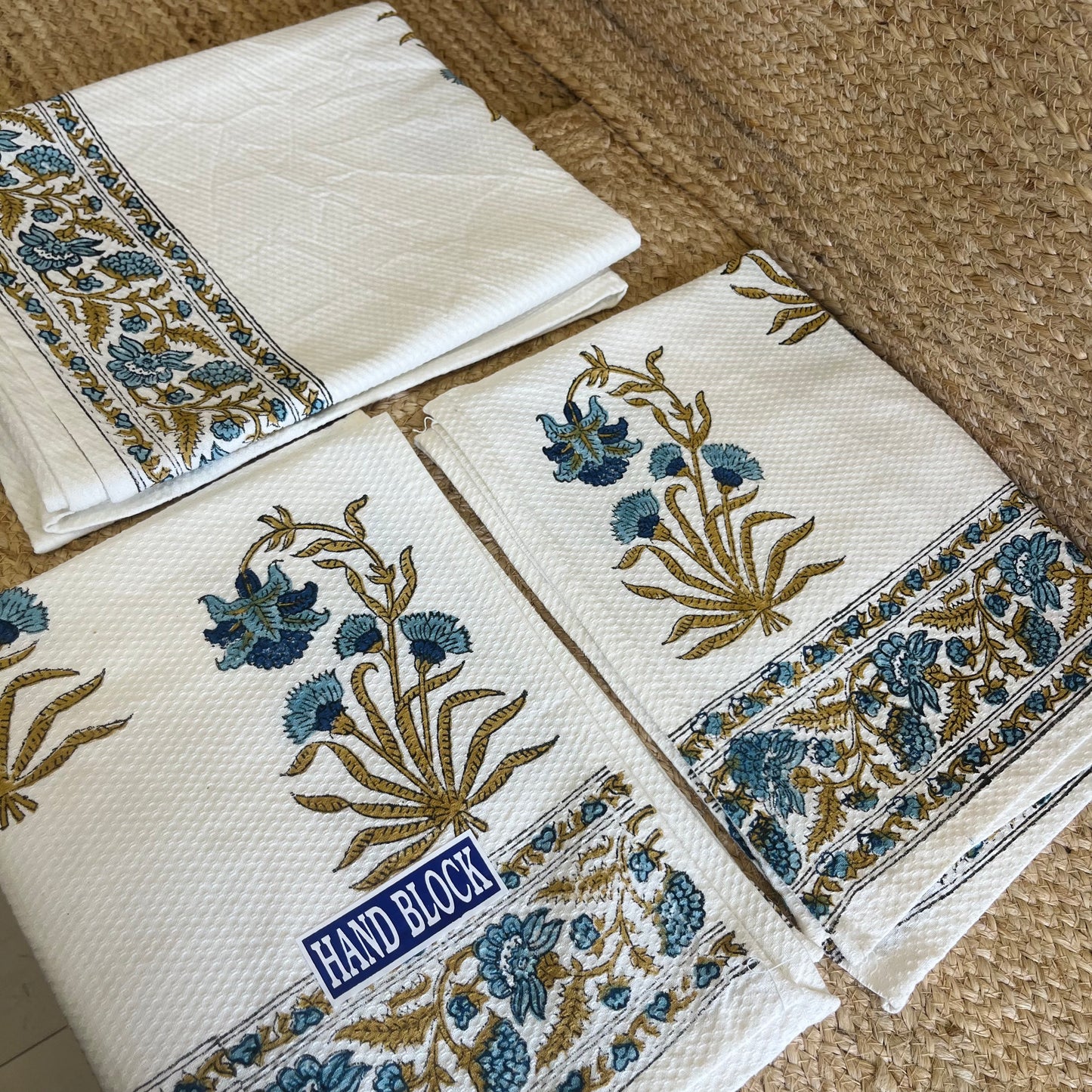 Dark Blue Abstract Plant Handblock Waffle Cotton Towel Set