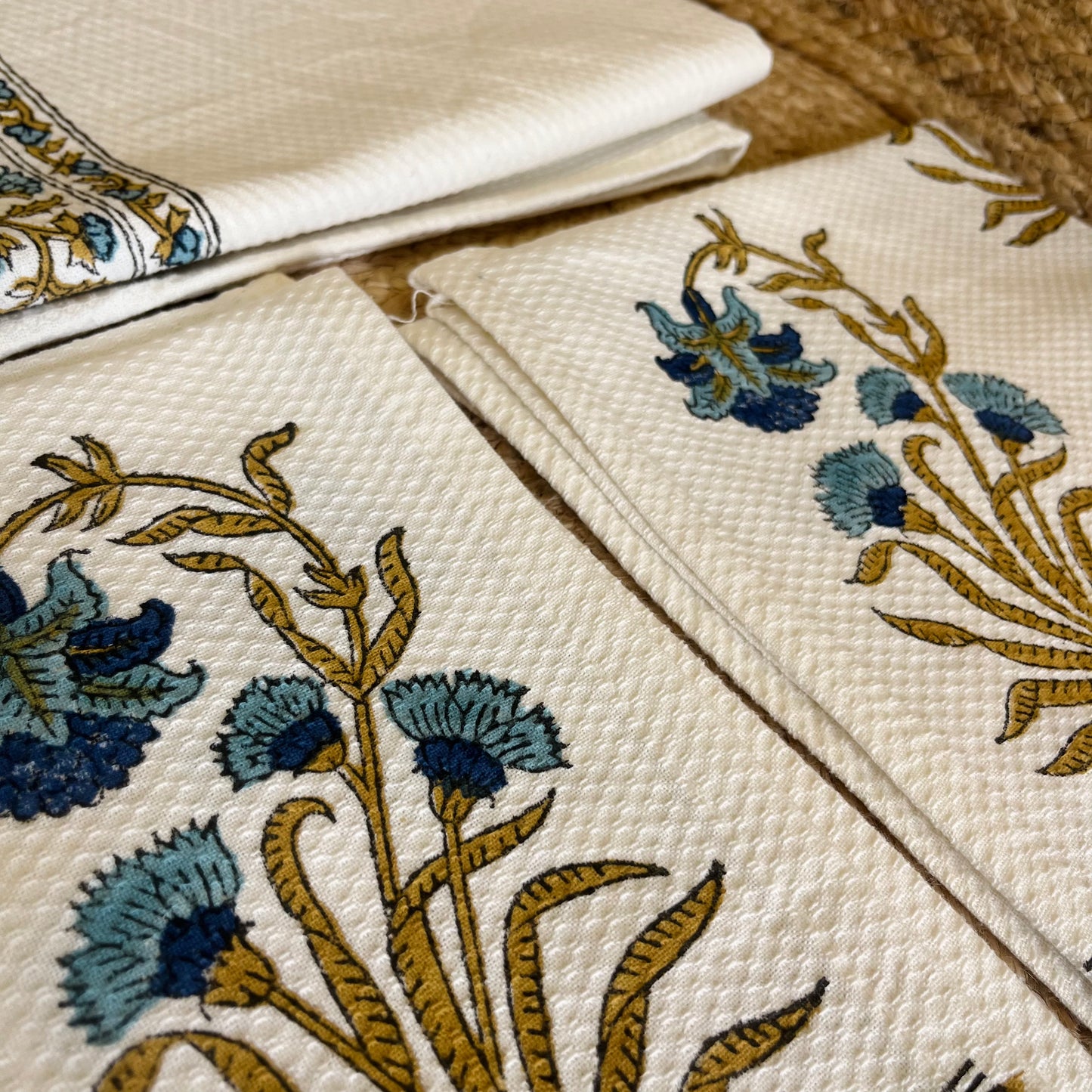 Dark Blue Abstract Plant Handblock Waffle Cotton Towel Set