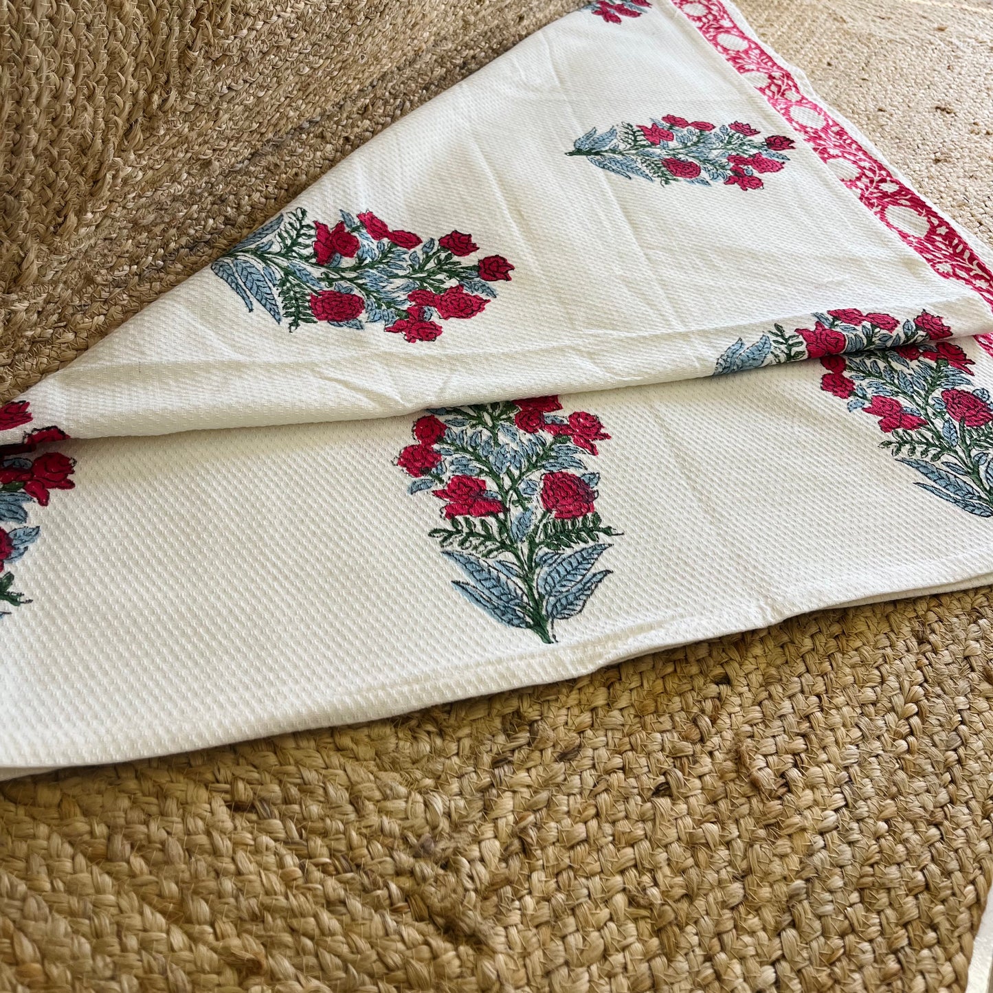 Red Roses Handblock Waffle Cotton Towel Set