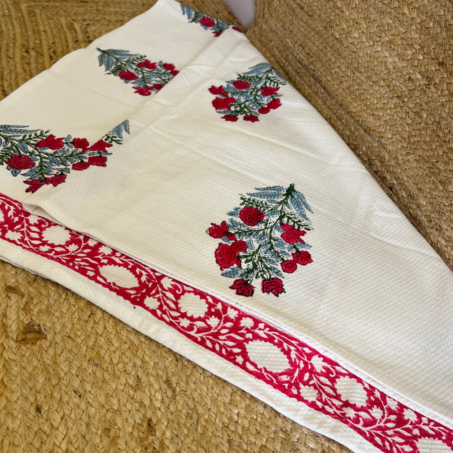 Red Roses Handblock Waffle Cotton Towel Set