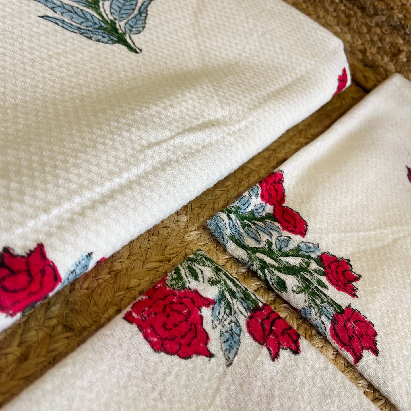 Red Roses Handblock Waffle Cotton Towel Set