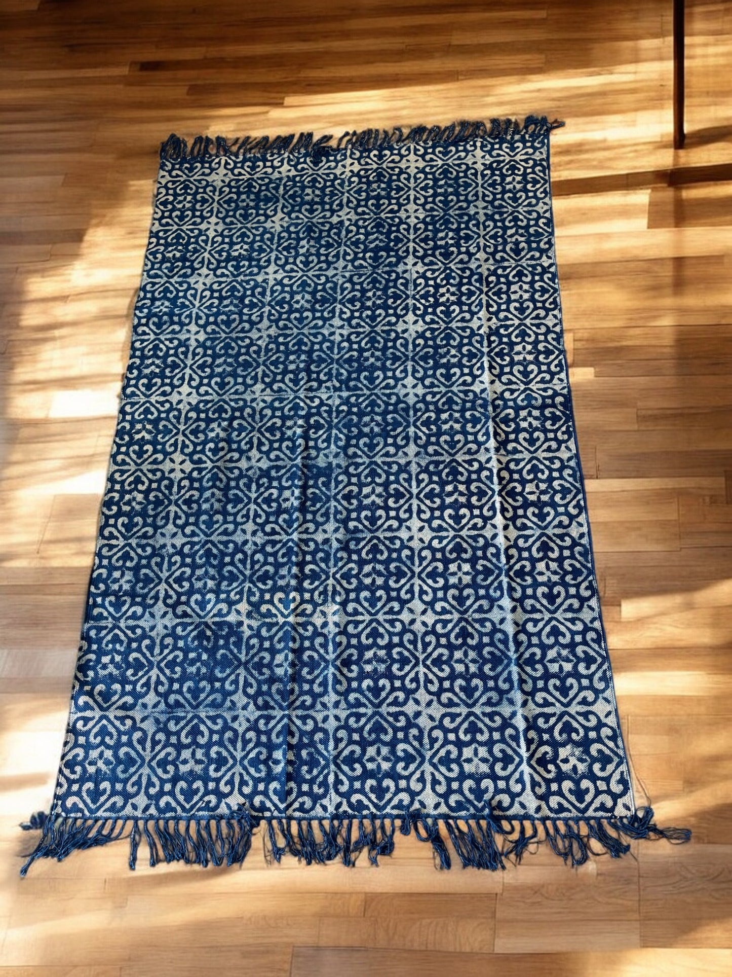 Abstract Pattern Handblock Print Blue Cotton Rug