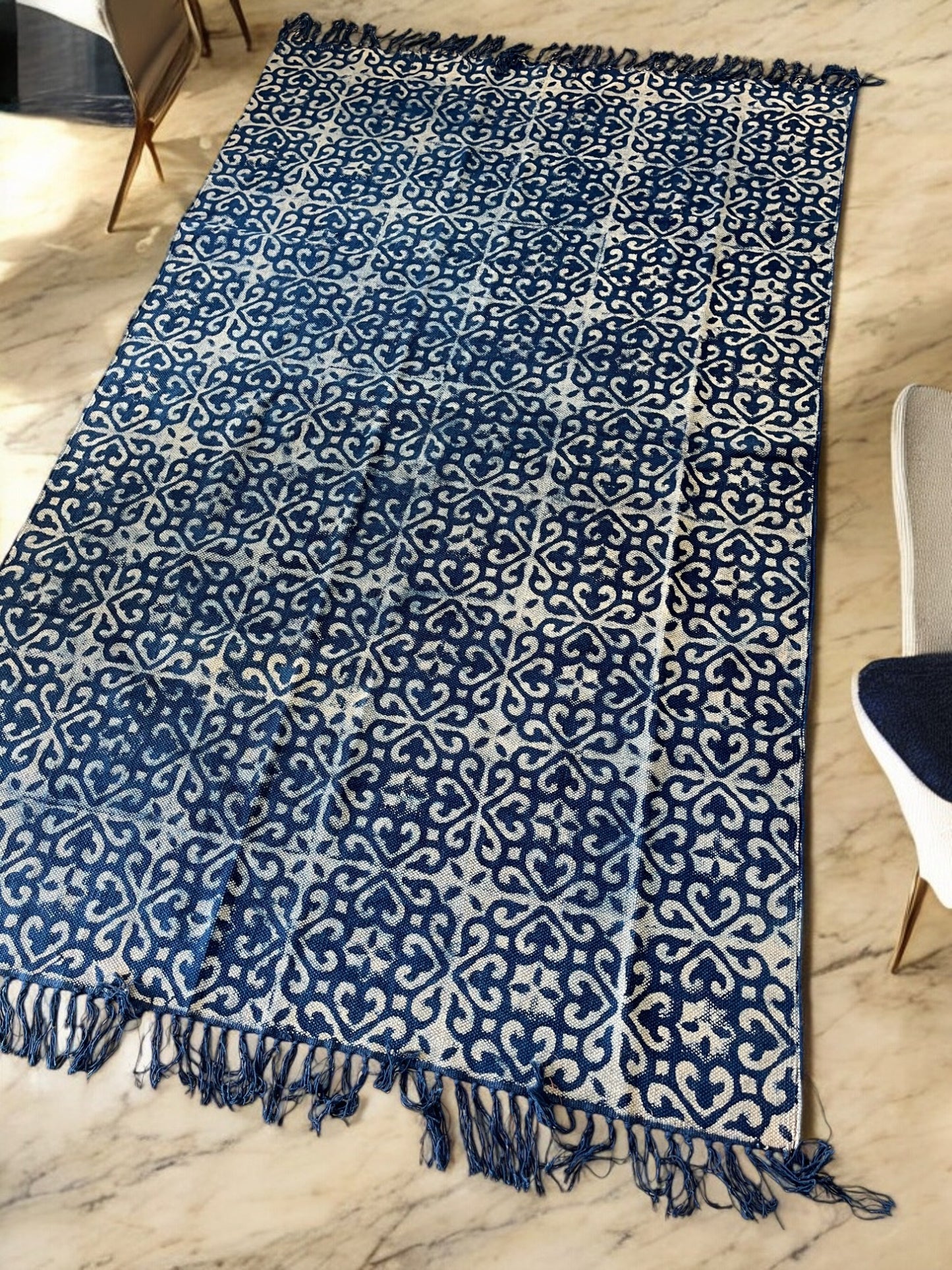 Abstract Pattern Handblock Print Blue Cotton Rug