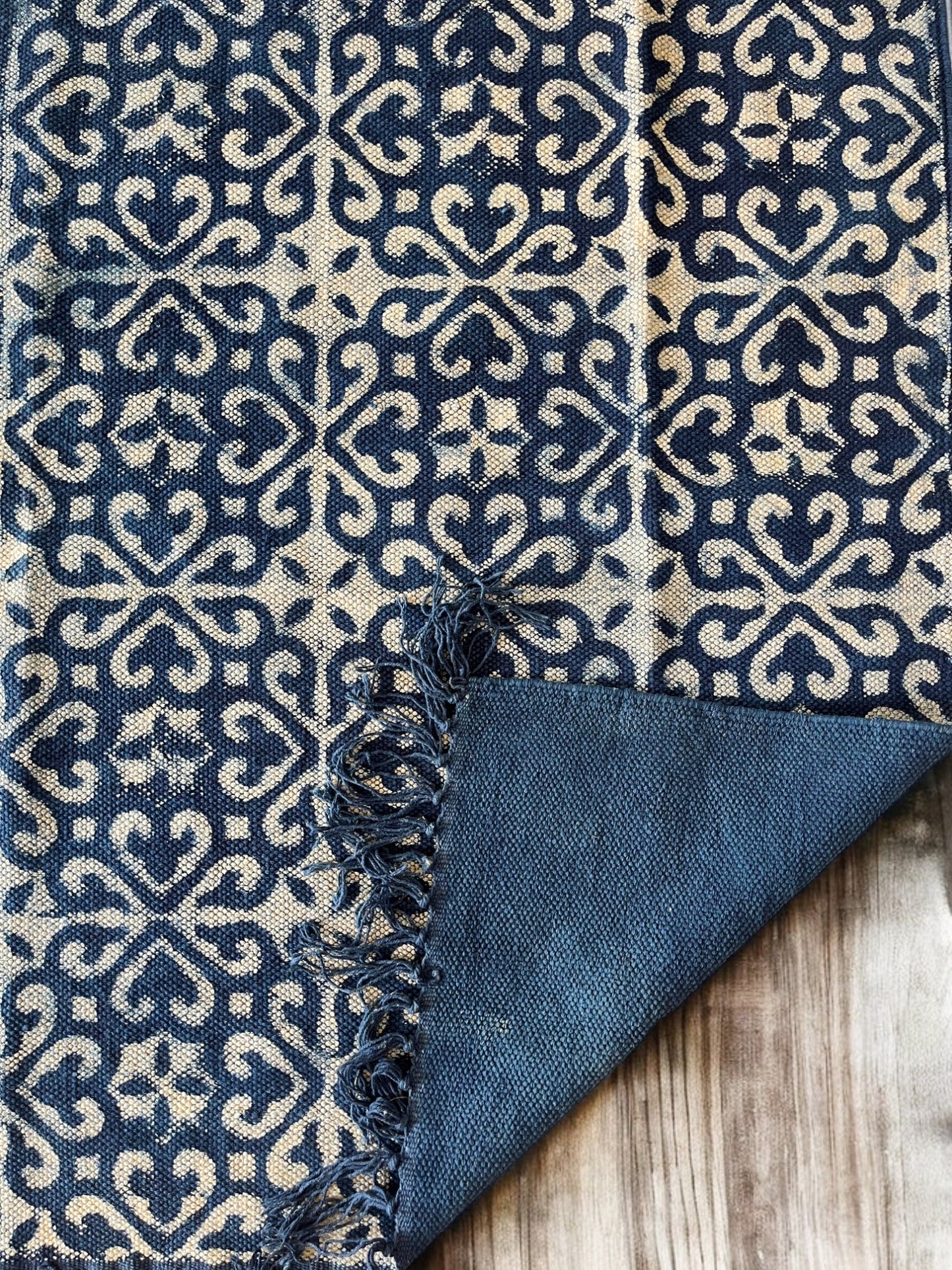 Abstract Pattern Handblock Print Blue Cotton Rug