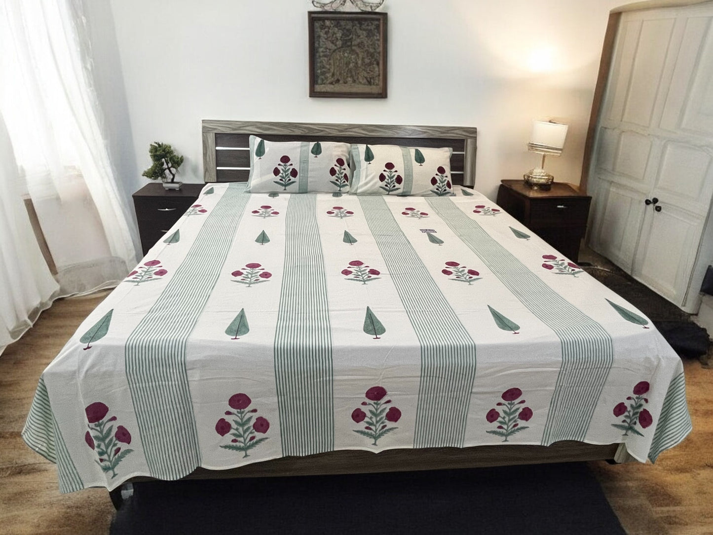 Handblock Green Strips Floral Double Bedsheet