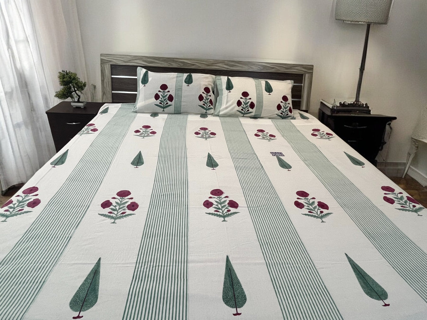 Handblock Green Strips Floral Double Bedsheet
