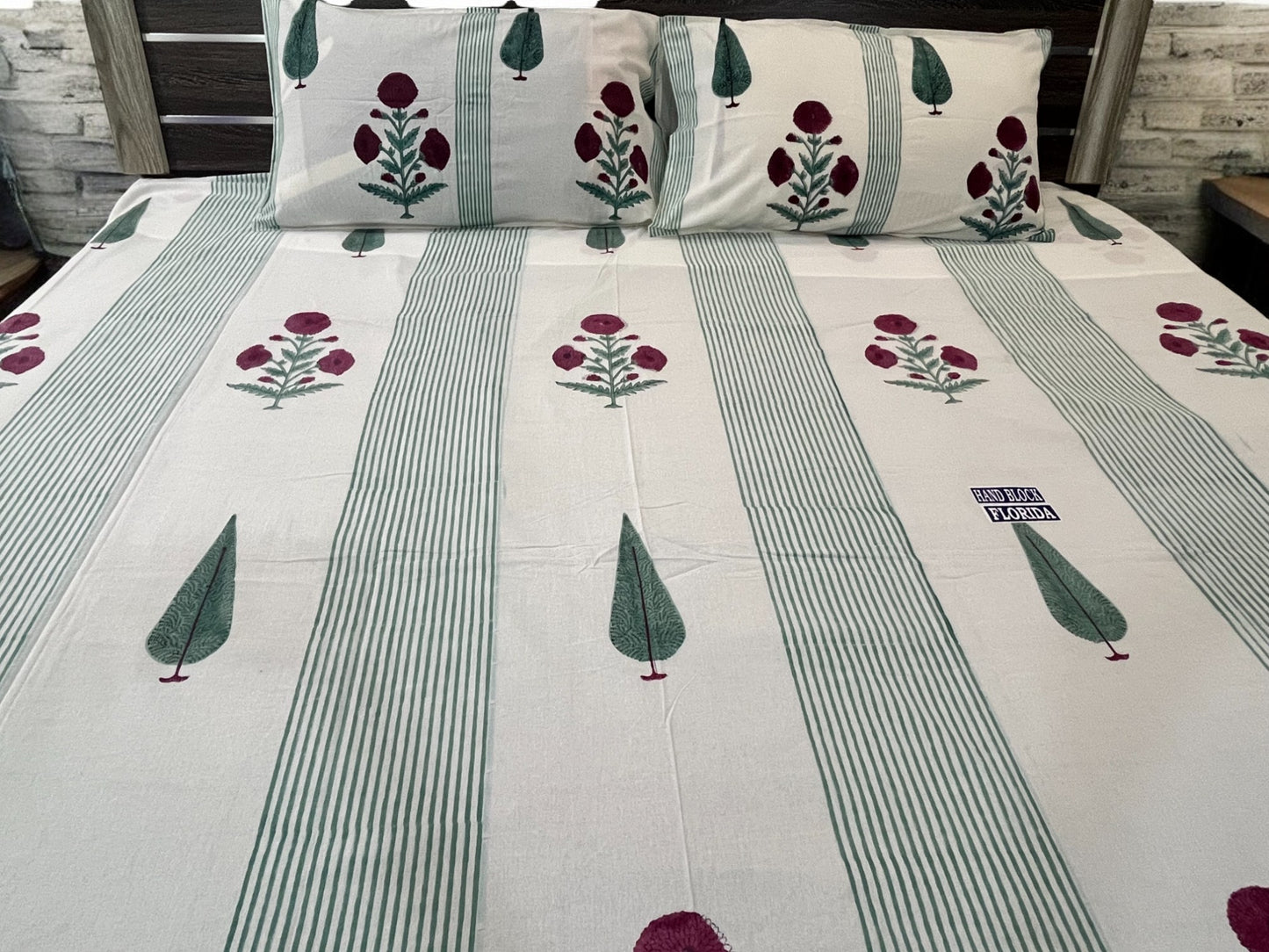 Handblock Green Strips Floral Double Bedsheet