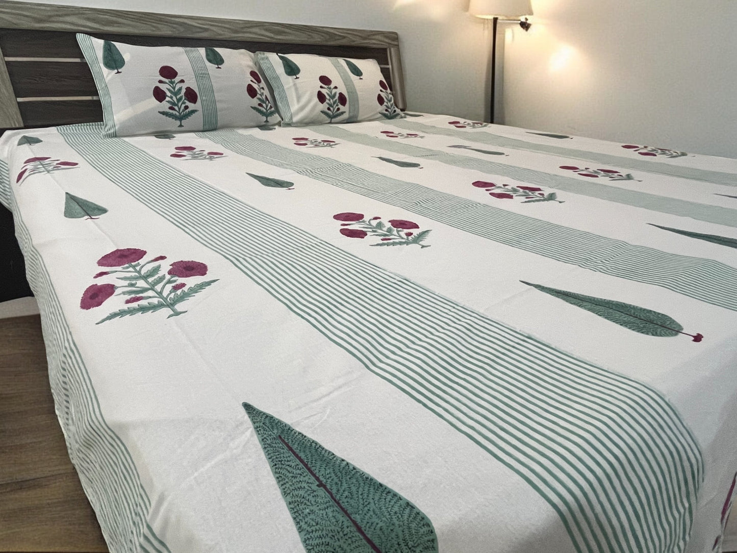 Handblock Green Strips Floral Double Bedsheet