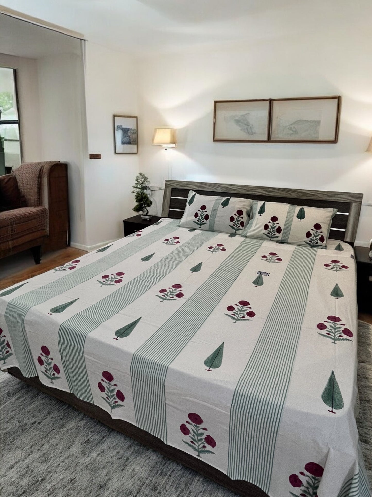Handblock Green Strips Floral Double Bedsheet