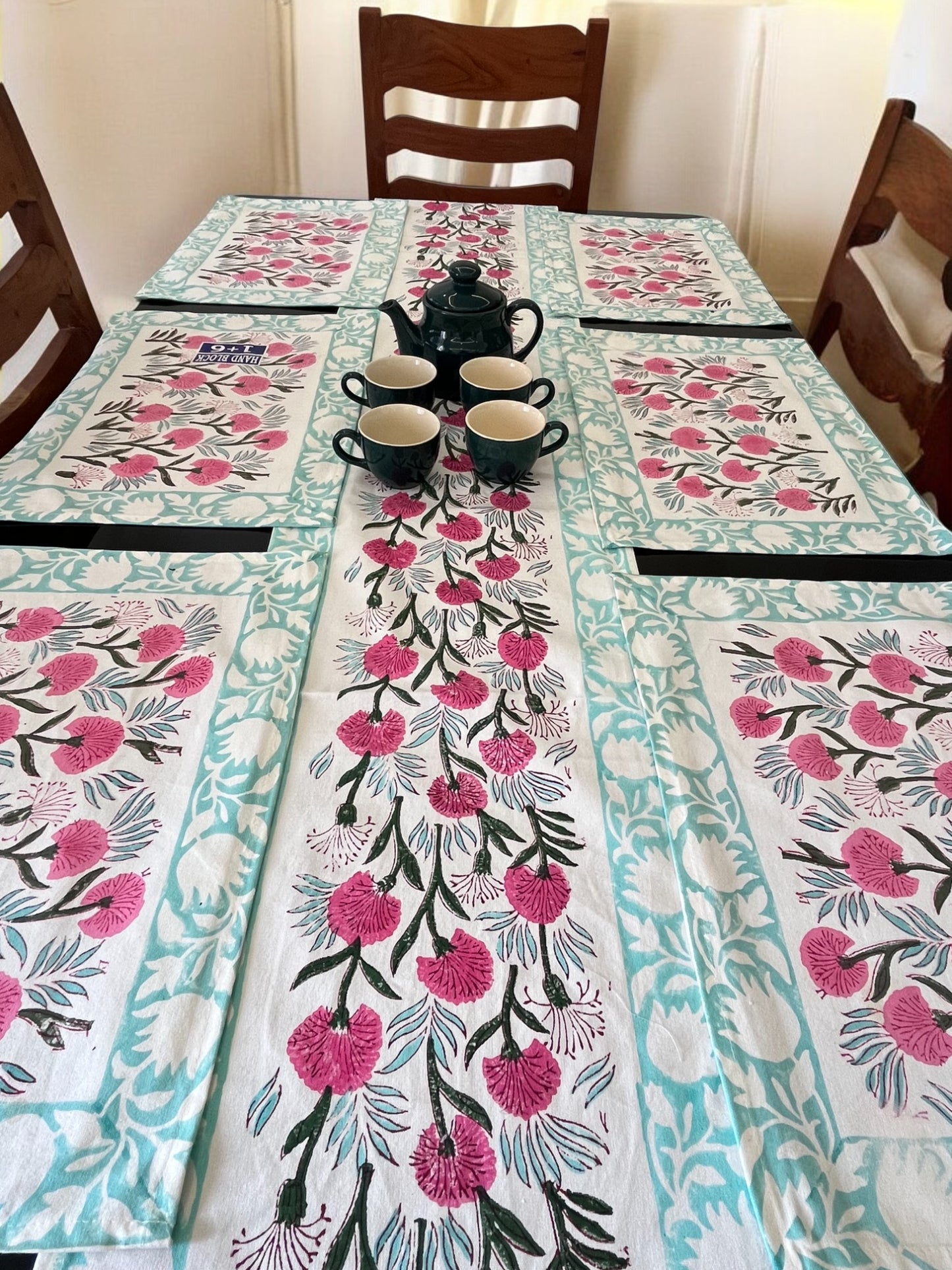 Sea Green Pink Floral Pure Cotton Rajasthani Handblock Table Runner and Mats Set of 6