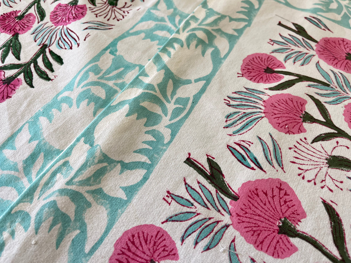 Sea Green Pink Floral Pure Cotton Rajasthani Handblock Table Runner and Mats Set of 6
