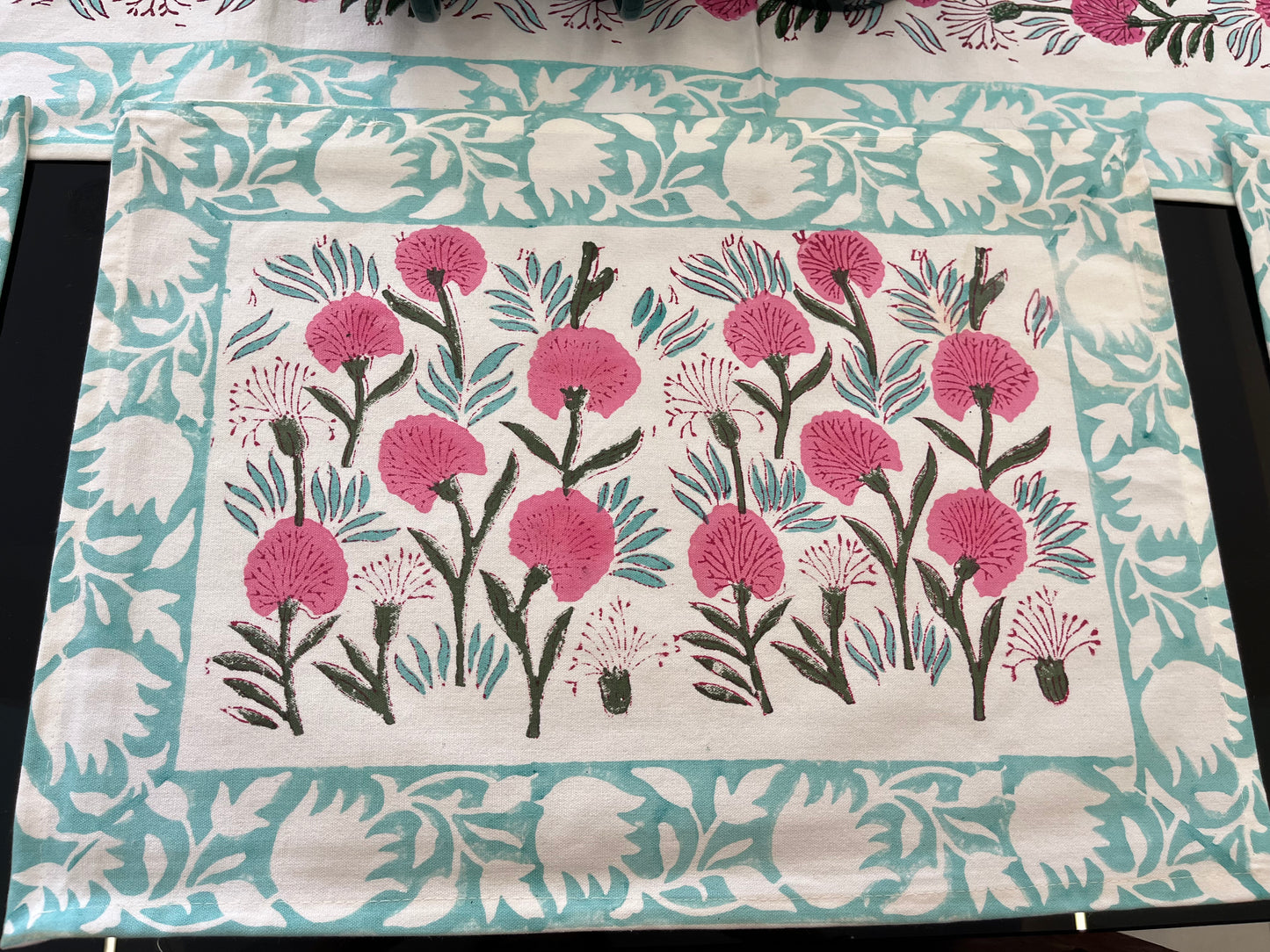 Sea Green Pink Floral Pure Cotton Rajasthani Handblock Table Runner and Mats Set of 6