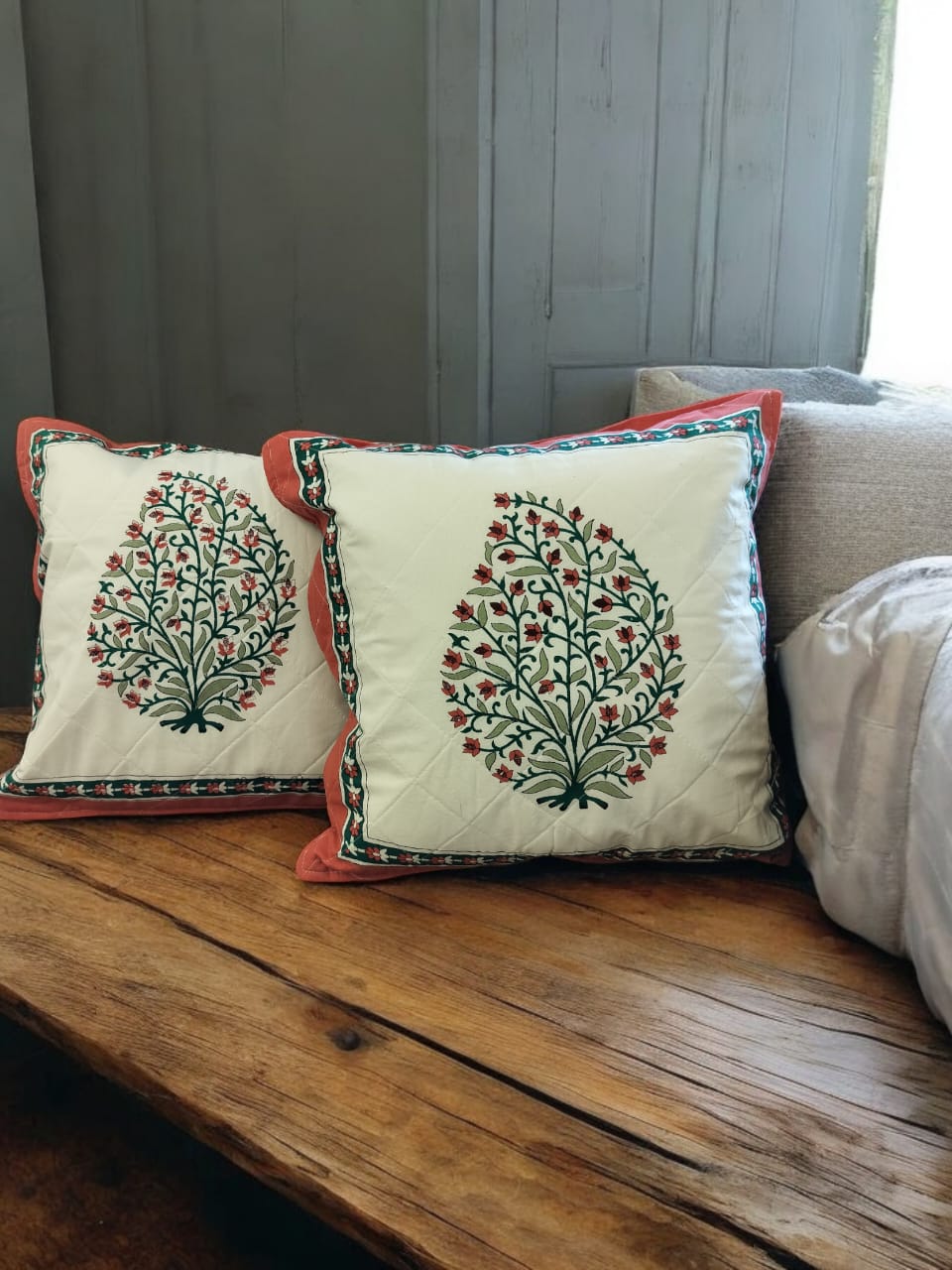 Crimson Red and Green Leaflet Quilted Handblock Cushion Cover (Set of 2)