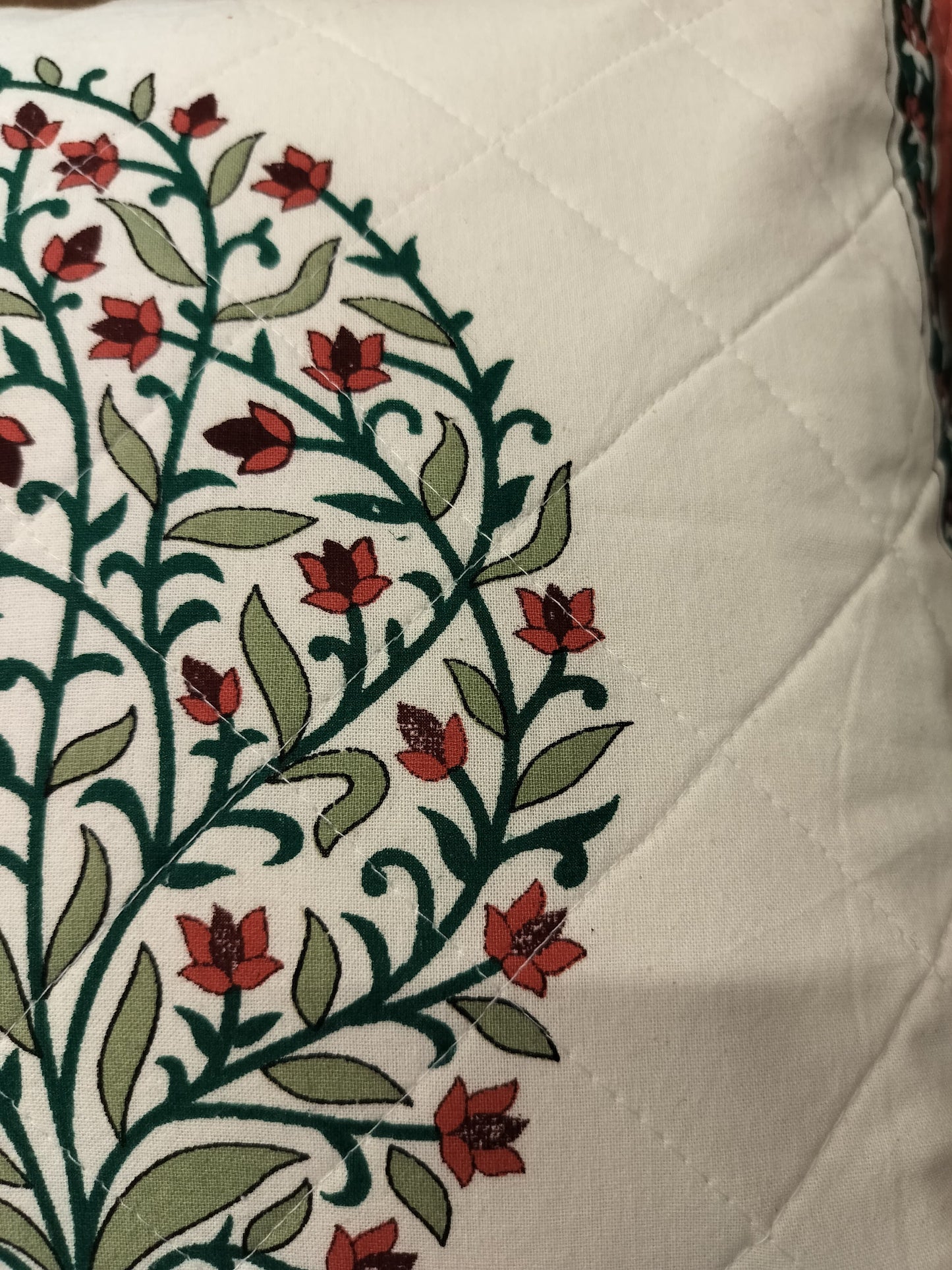 Crimson Red and Green Leaflet Quilted Handblock Cushion Cover (Set of 2)