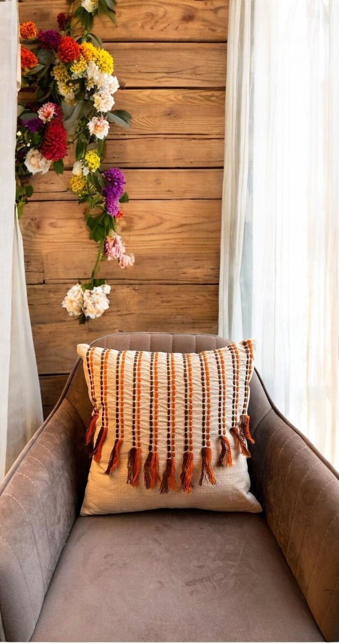 Peach Homes Beige Jute Based Frill Cushion Cover