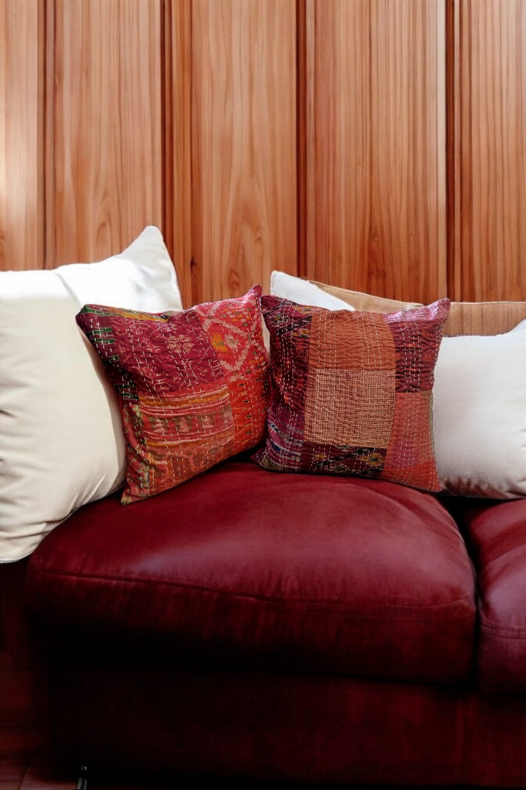 Red silk patchwork cushion cover SET OF 2