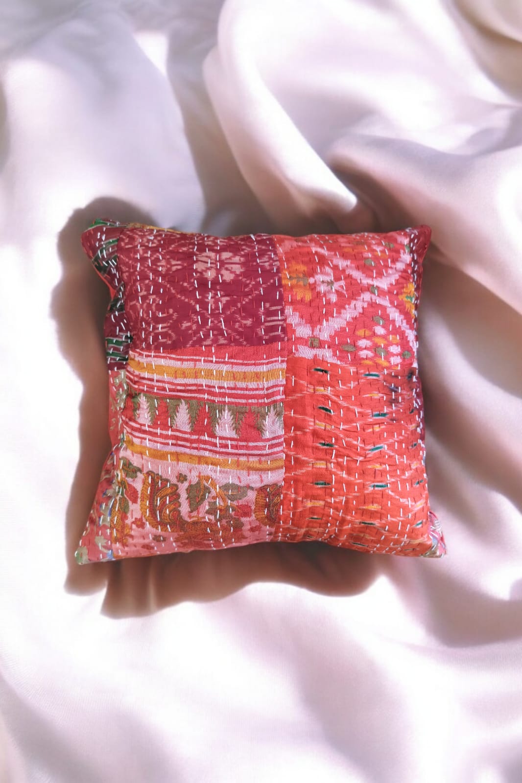Red silk patchwork cushion cover SET OF 2