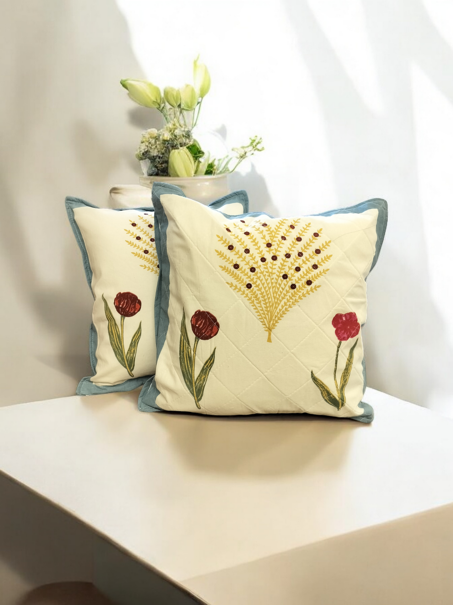 Quilted Handblock Cushion Cover Set of 2 (Blue and White)