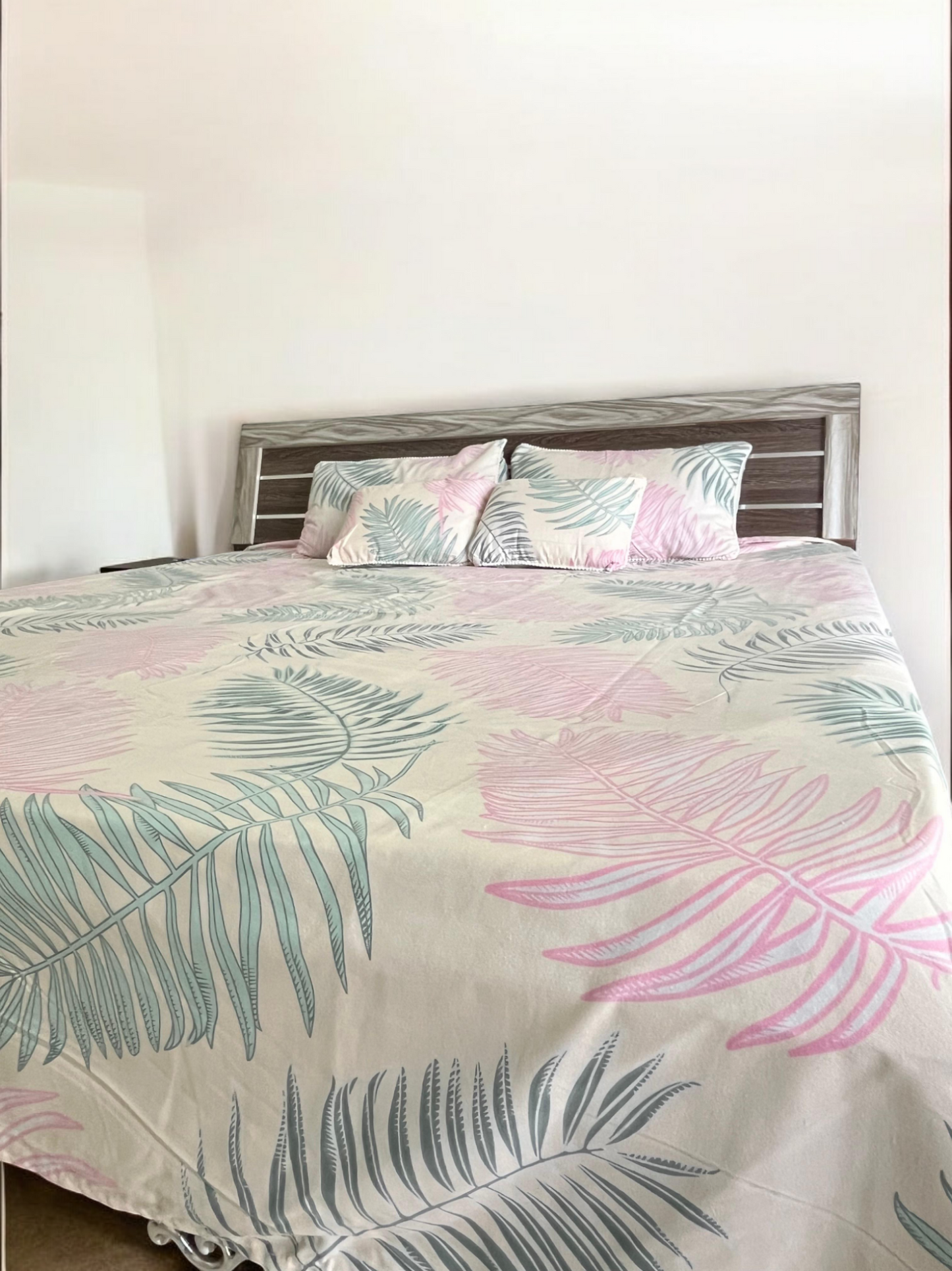 Pastel Pink and Green Double Bedsheet with 2 Frill Pillows and 2 Cushion Covers