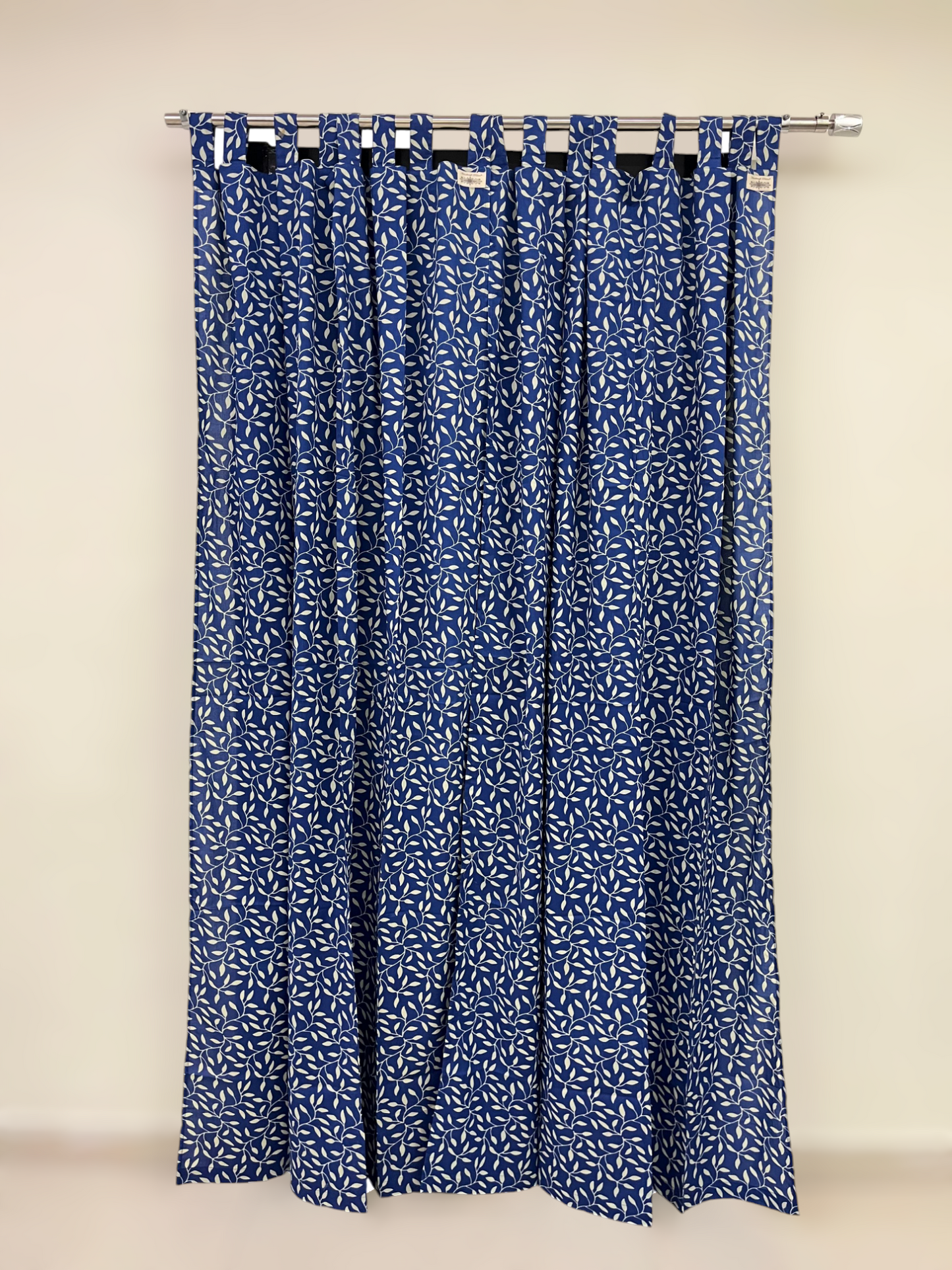 Blue and White Floral Handblock Print Cotton Curtains (7 Ft, Set of 2)