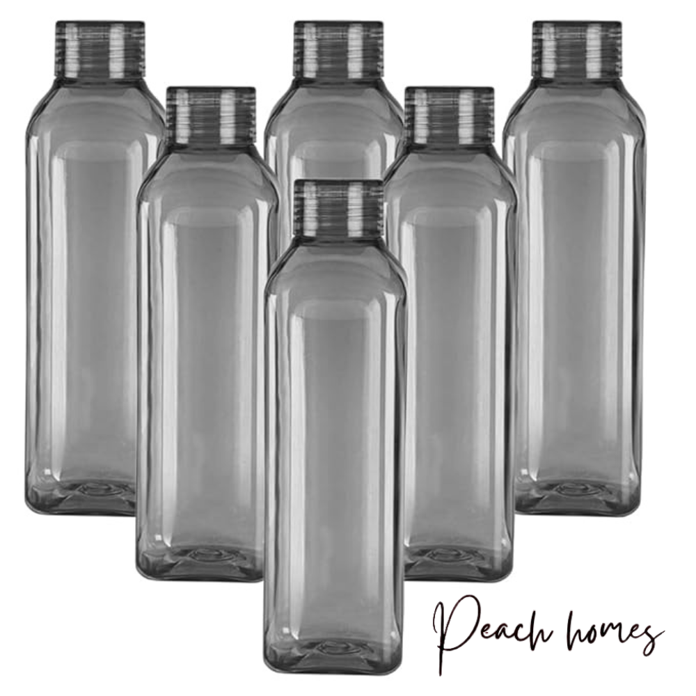 Plastic Transparent Black Water Bottle (Set of 6) – Reusable, Airtight, Eco-Friendly Water Storage