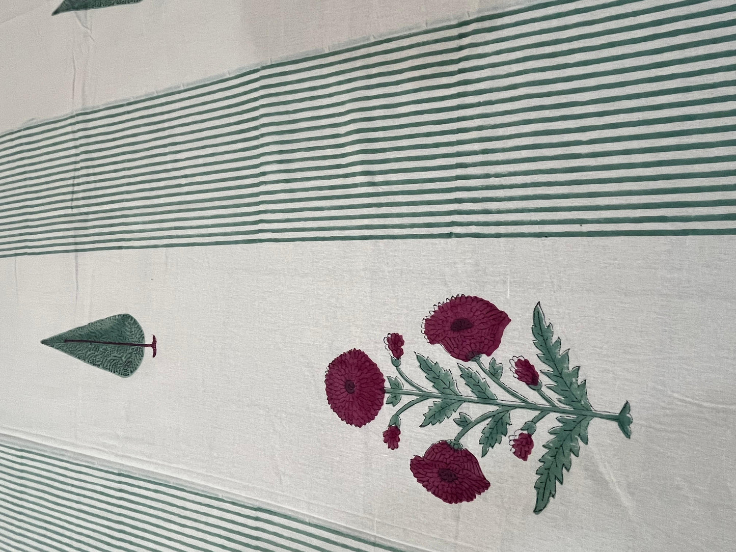 Handblock Green Strips Floral Double Bedsheet