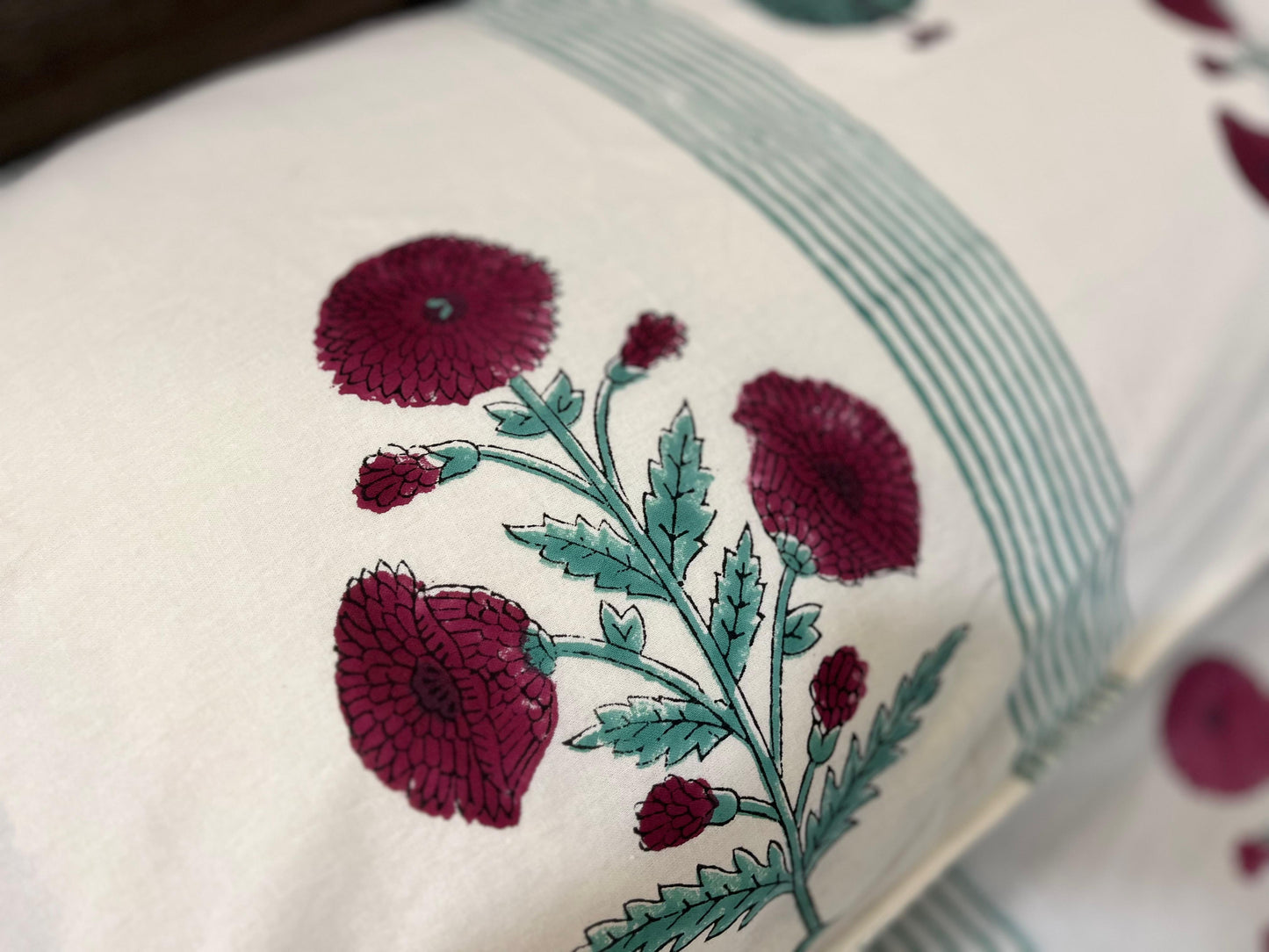 Handblock Green Strips Floral Double Bedsheet