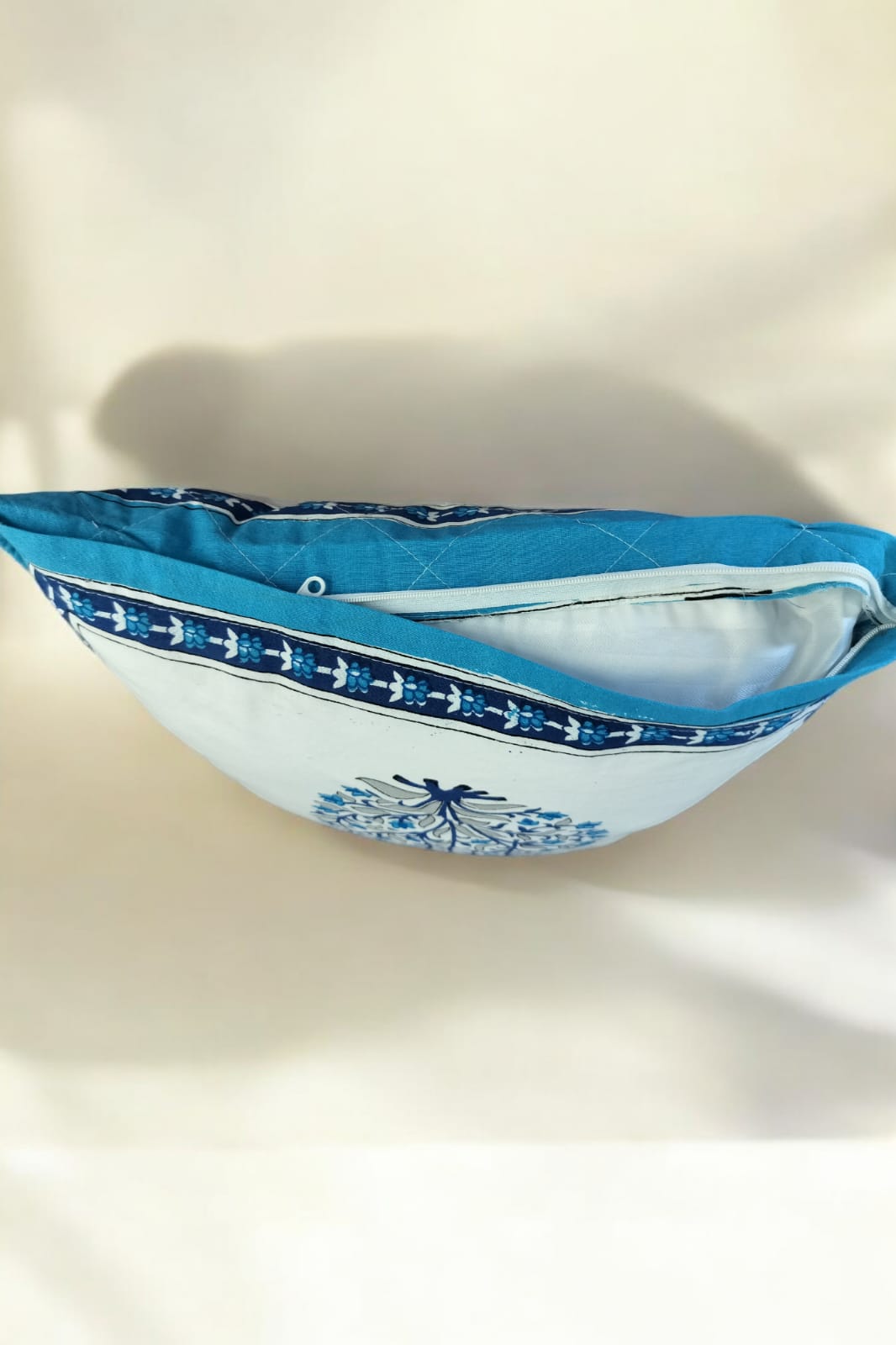 White and Blue Leaflet Quilted Handblock Cushion Cover