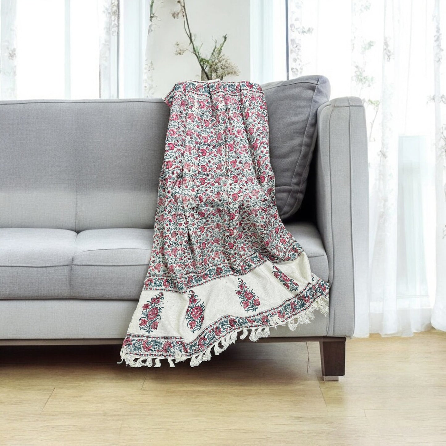 Red Floral White Color Premium Handblock TNT Throws