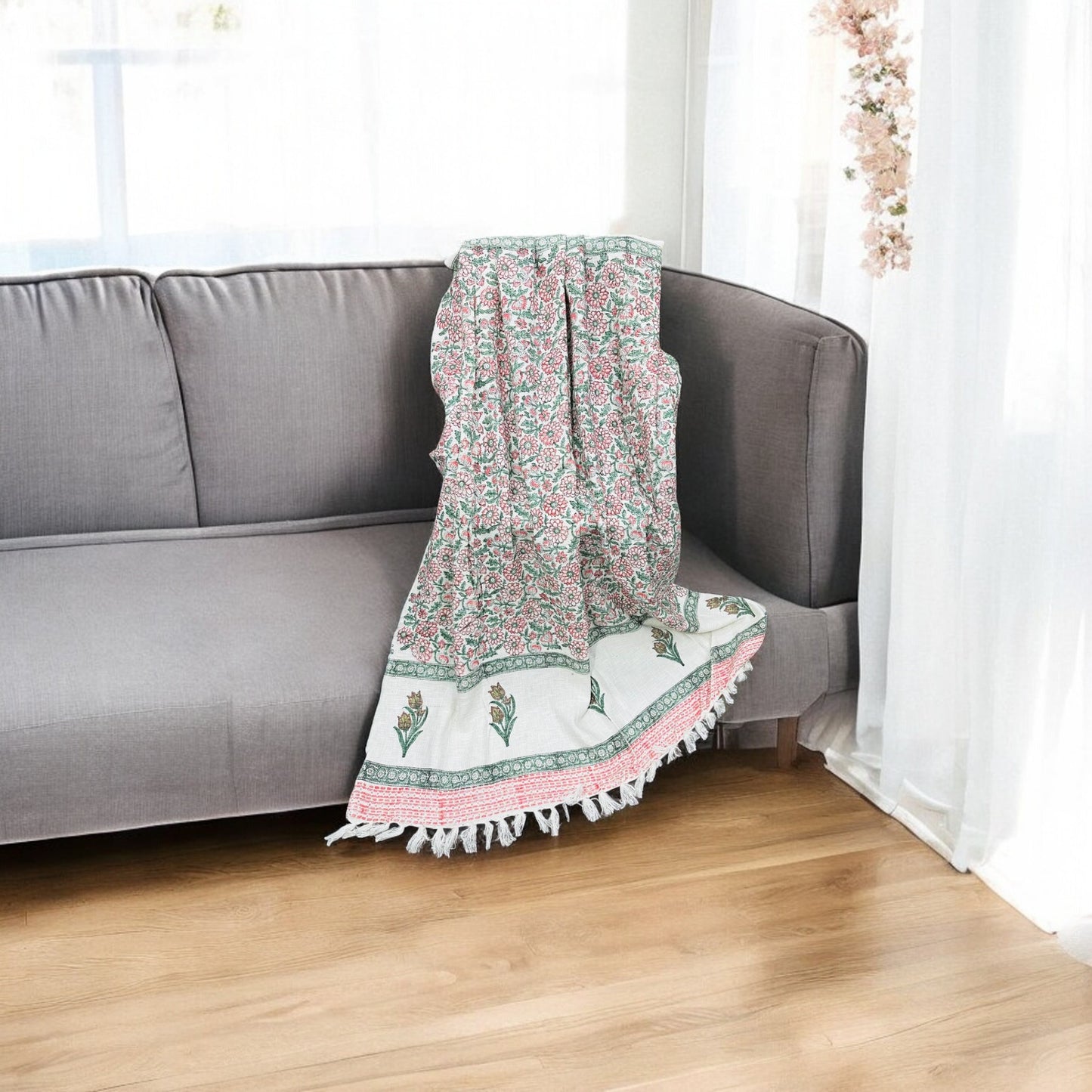 Green And Yellow Floral White Color Premium Handblock TNT Throws