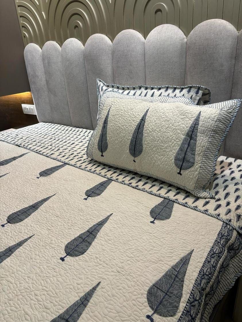 White and Grey Leaves Handblock Quilted Reversible Bedcover with 2 Pillow Covers – Elegant and Eco-Friendly Bedding