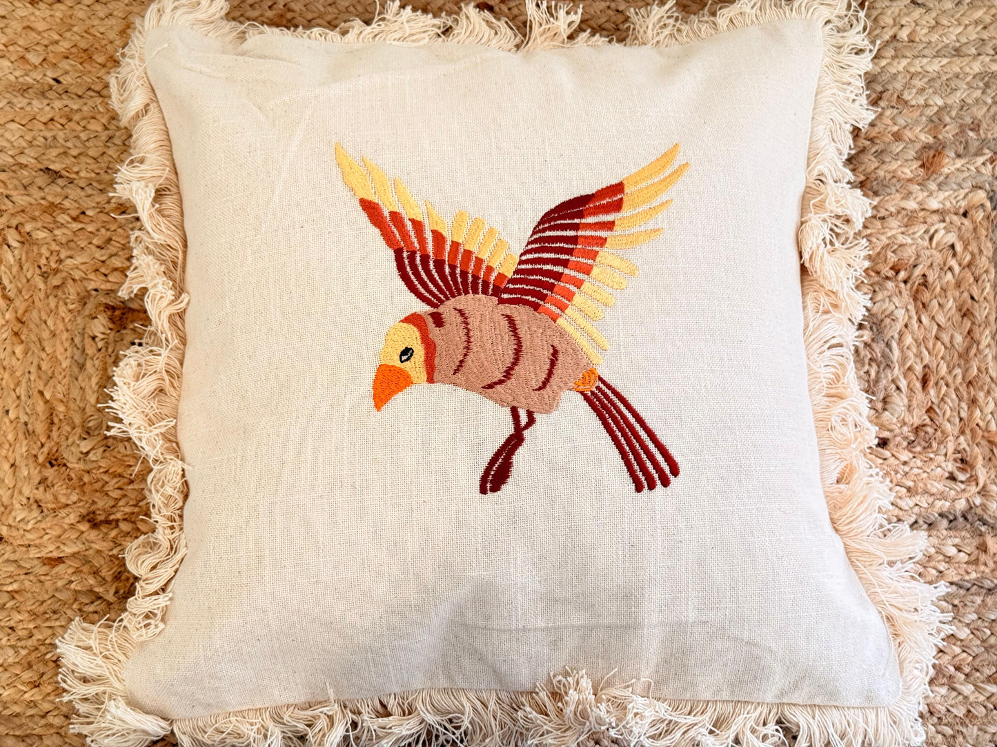 Boho Frill Bird Decorative Cushion Cover – Embroidered Throw Pillow for Cozy Home Décor